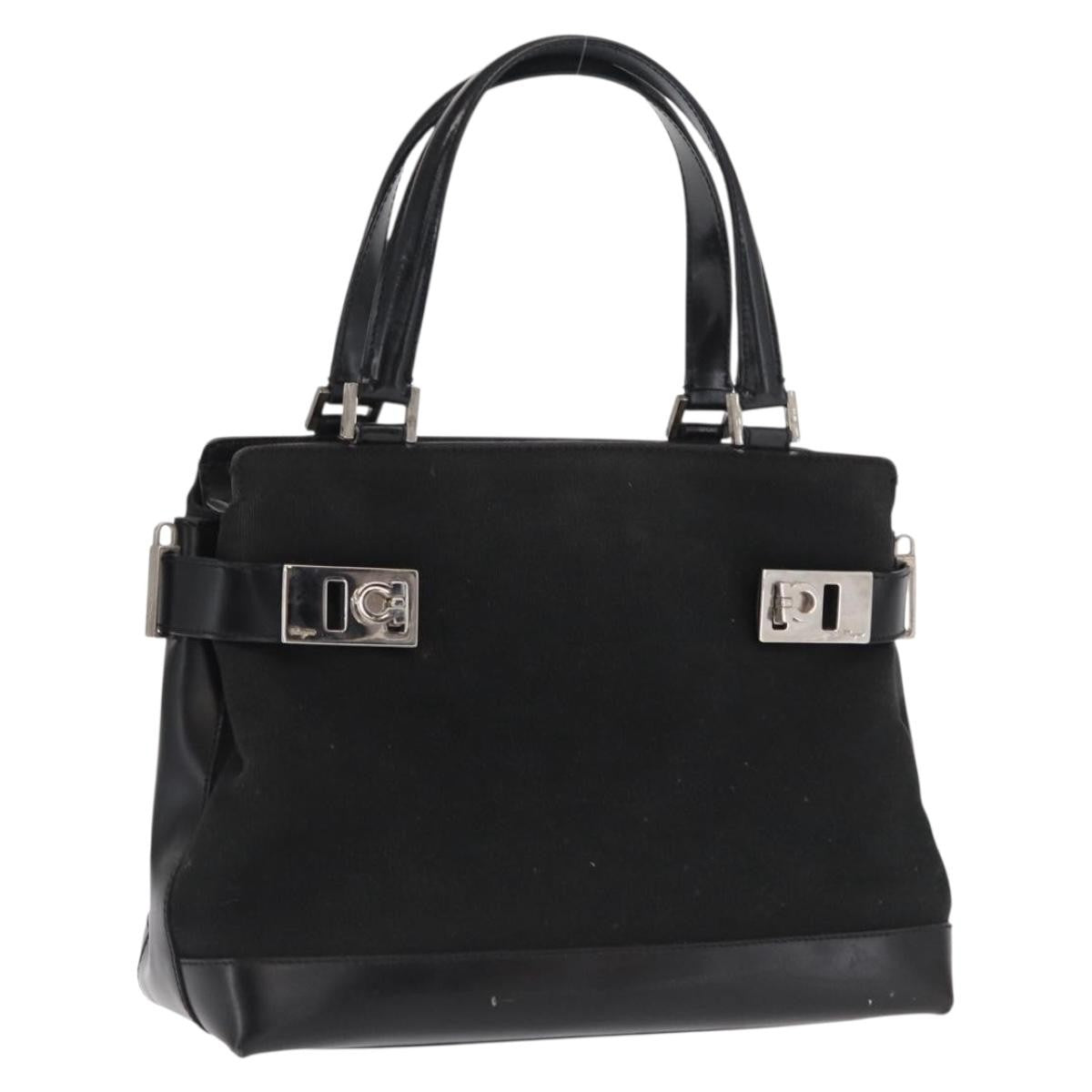 Salvatore Ferragamo Double Gancini Side Buckle Tote Canvas Black Canvas Handbag (Pre-Owned)