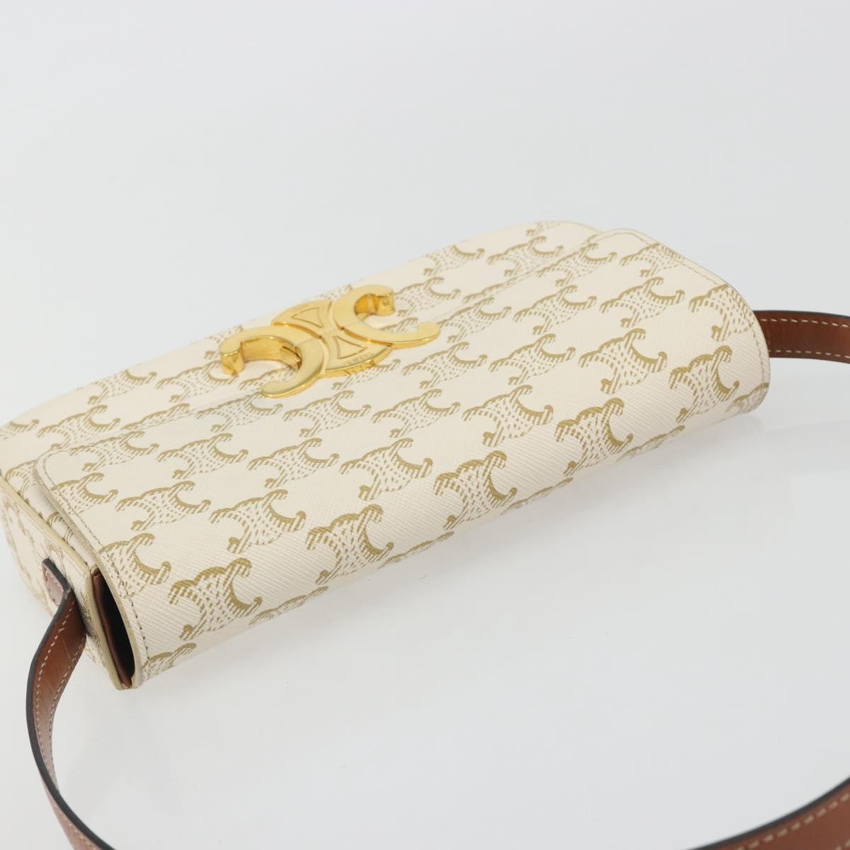 Celine Triomphe Strap Bag Monogram Canvas White Leather Handbag (Pre-Owned)