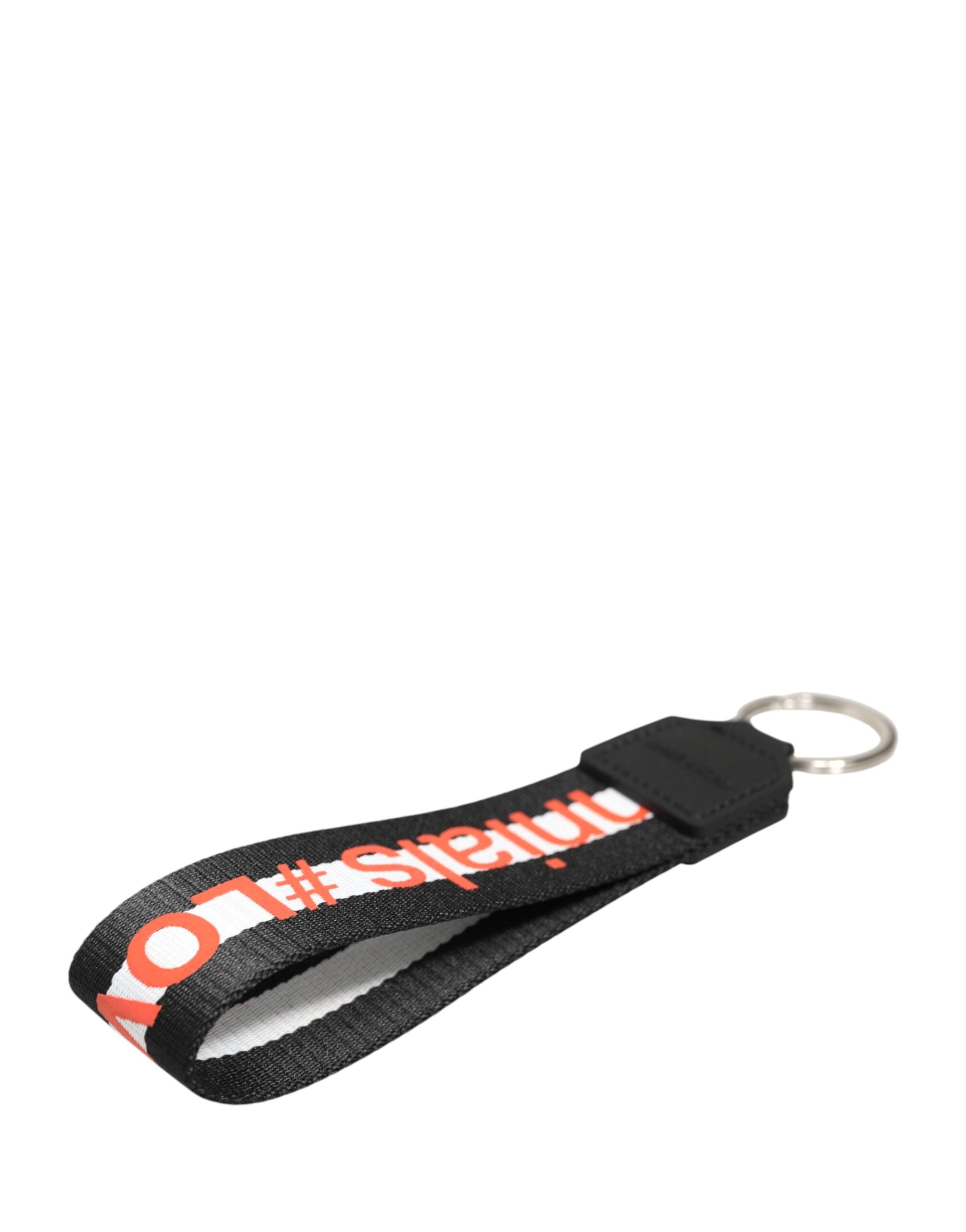 Dolce & Gabbana Black Logo Polyester Silver Brass Holder Keychain  Keyring