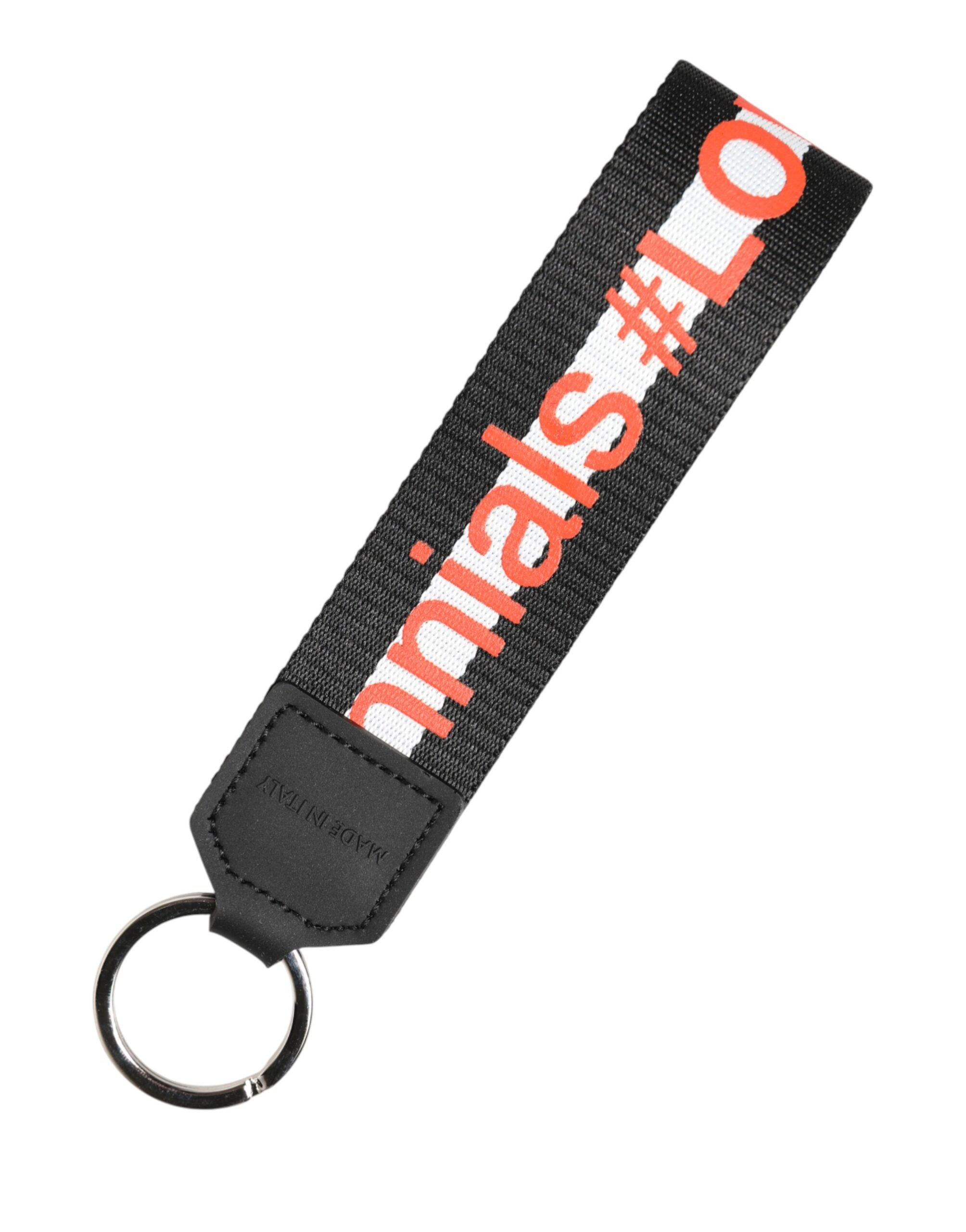 Dolce & Gabbana Black Logo Polyester Silver Brass Holder Keychain  Keyring