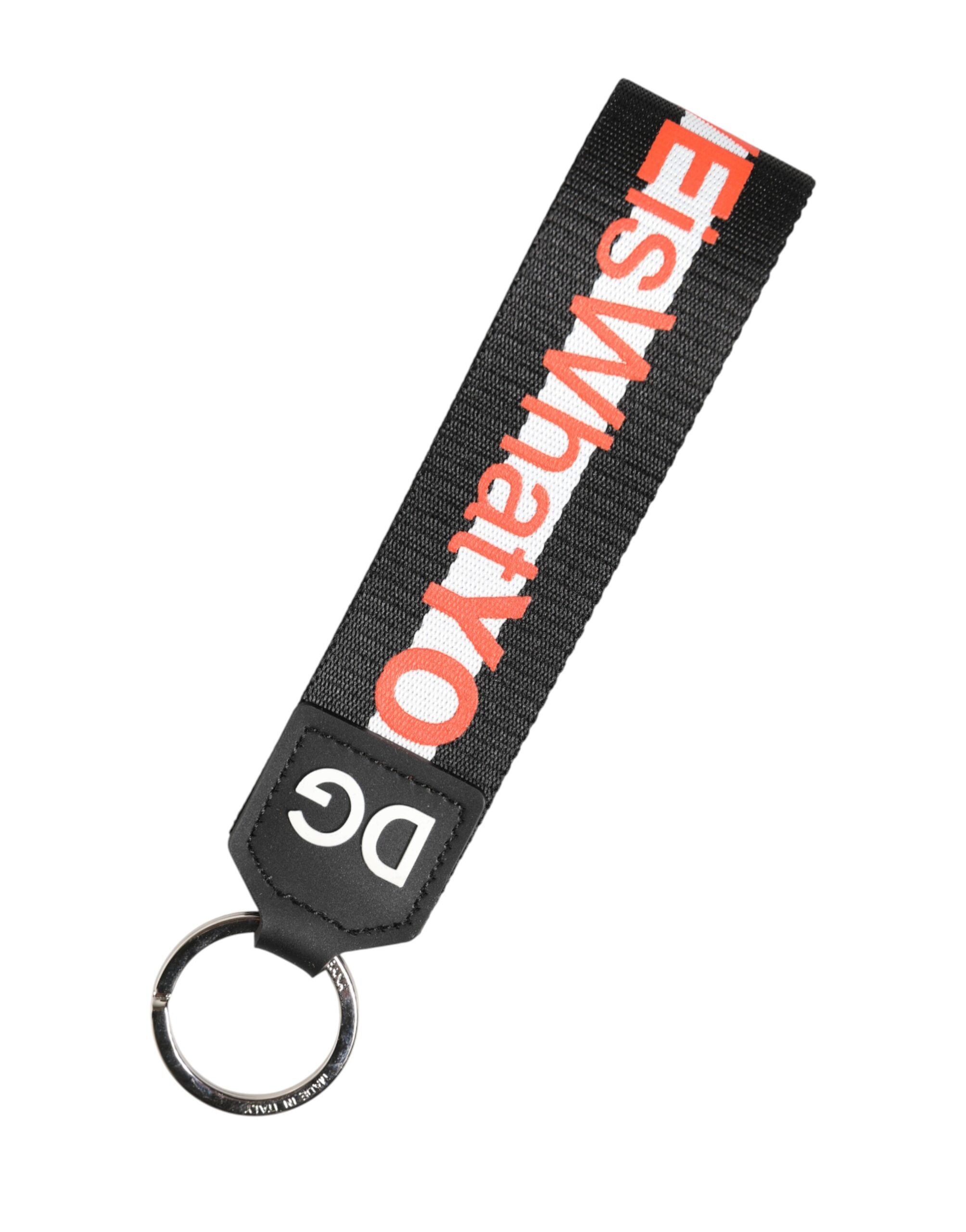 Dolce & Gabbana Black Logo Polyester Silver Brass Holder Keychain  Keyring