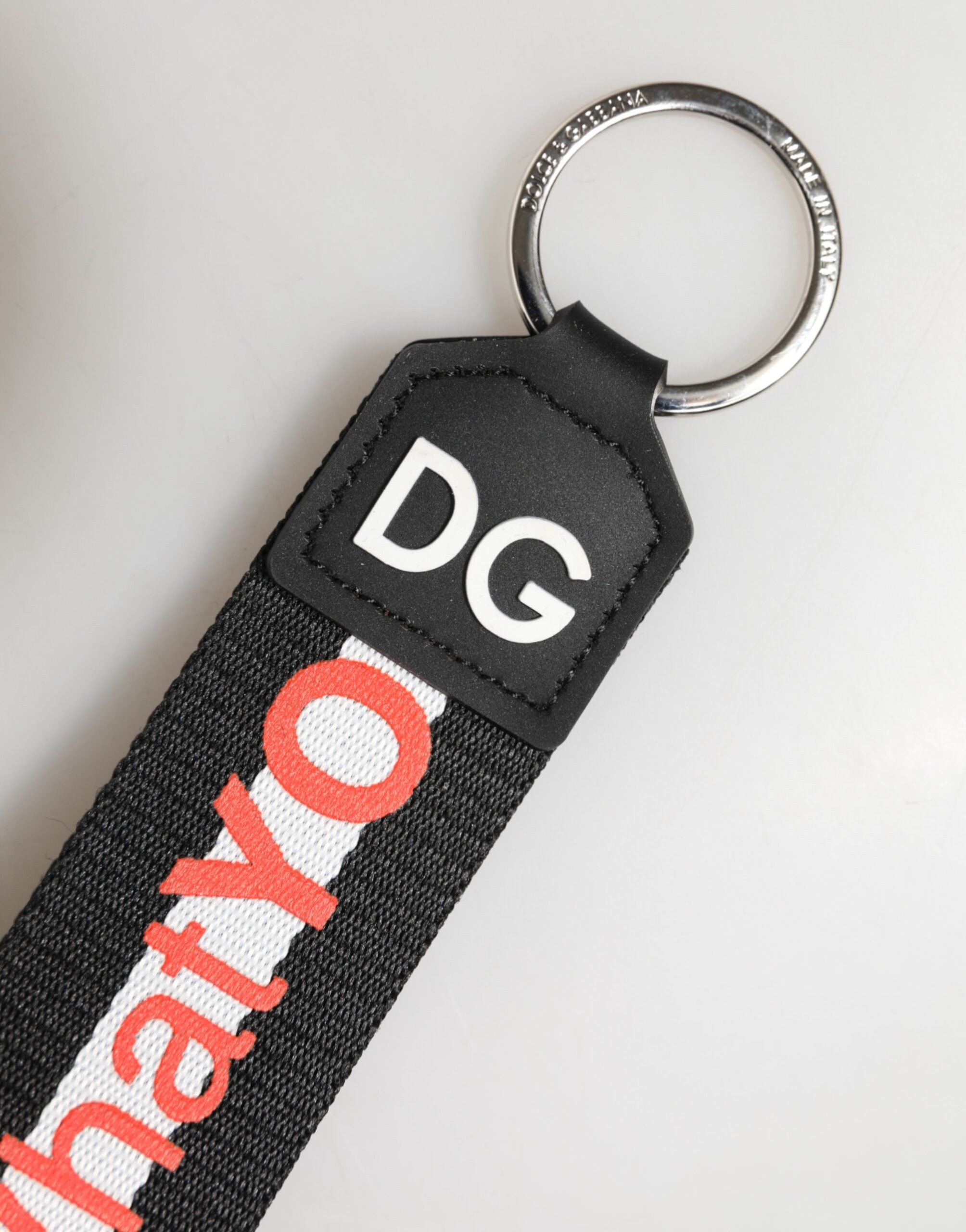 Dolce & Gabbana Black Logo Polyester Silver Brass Holder Keychain  Keyring