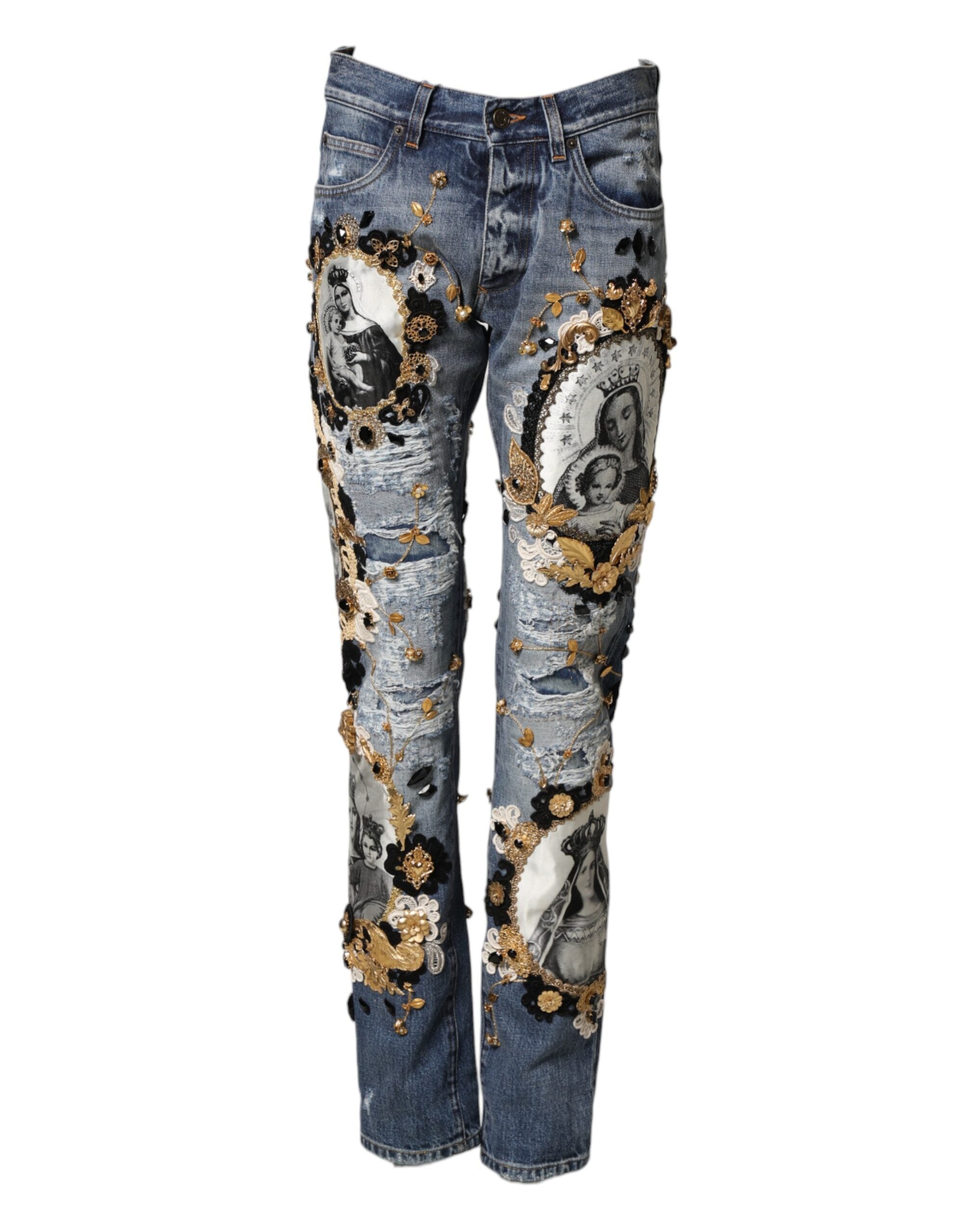 Dolce & Gabbana Blue Ripped Embellished Cotton Denim Men's Jeans