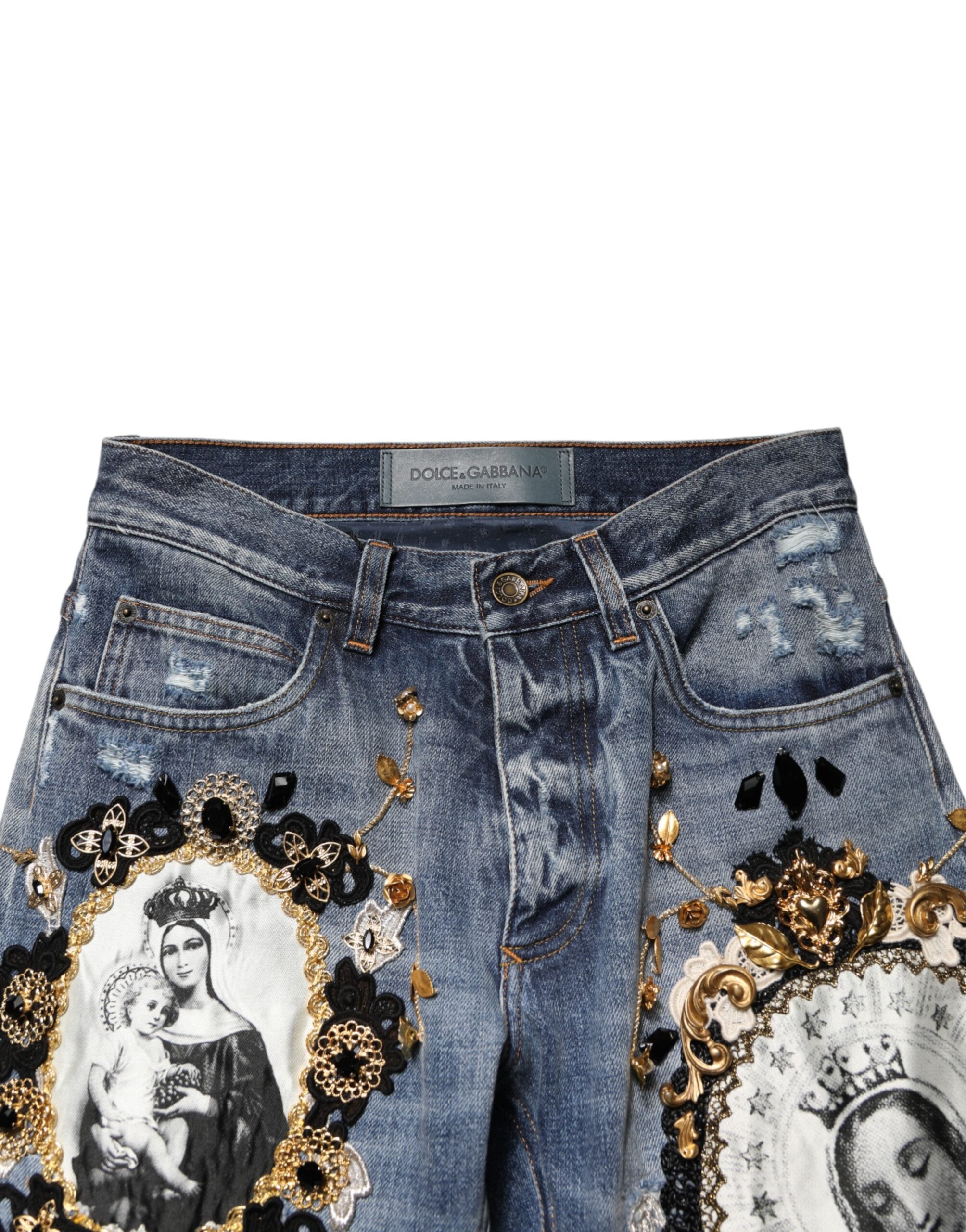 Dolce & Gabbana Blue Ripped Embellished Cotton Denim Men's Jeans