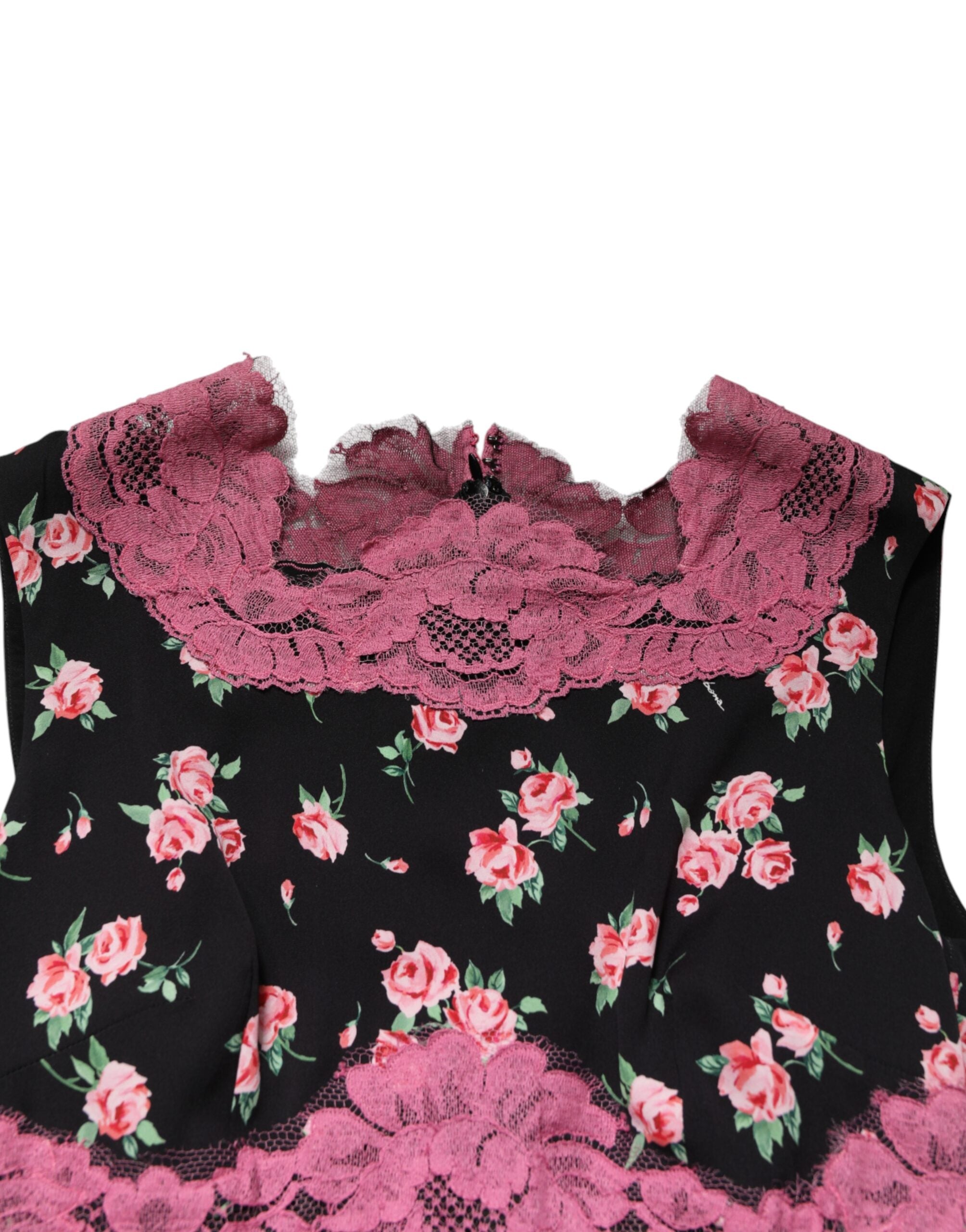 Dolce & Gabbana Black Pink Floral Lace Silk Sheath Women's Dress