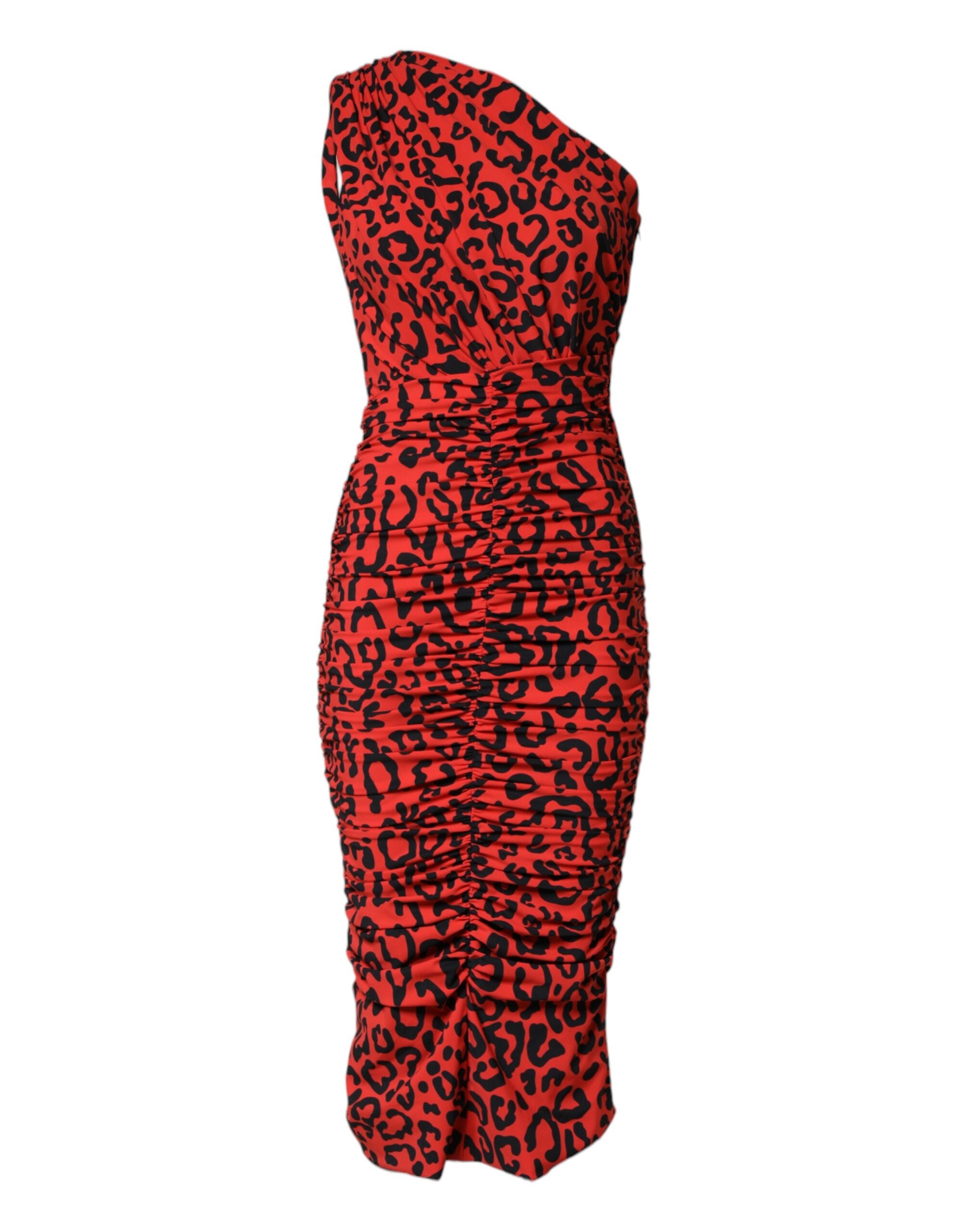 Dolce & Gabbana Red Leopard Print Nylon Sheath Midi Women's Dress