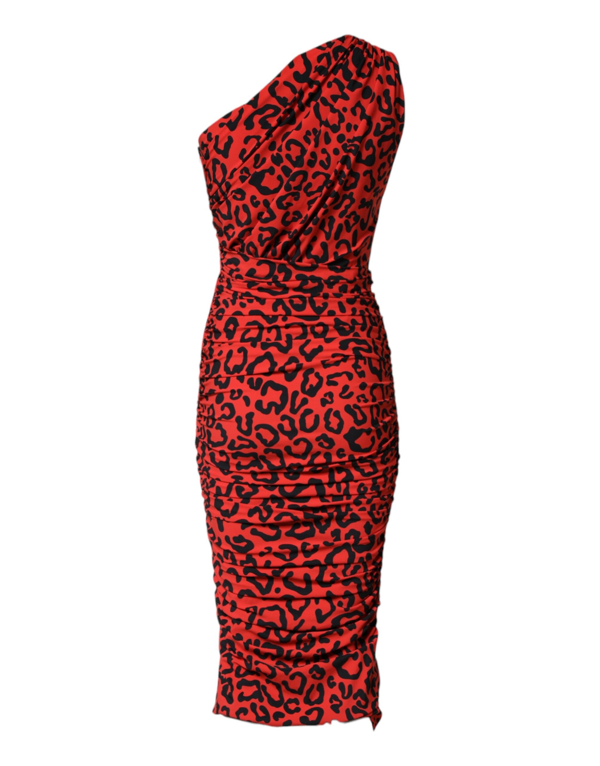Dolce & Gabbana Red Leopard Print Nylon Sheath Midi Women's Dress