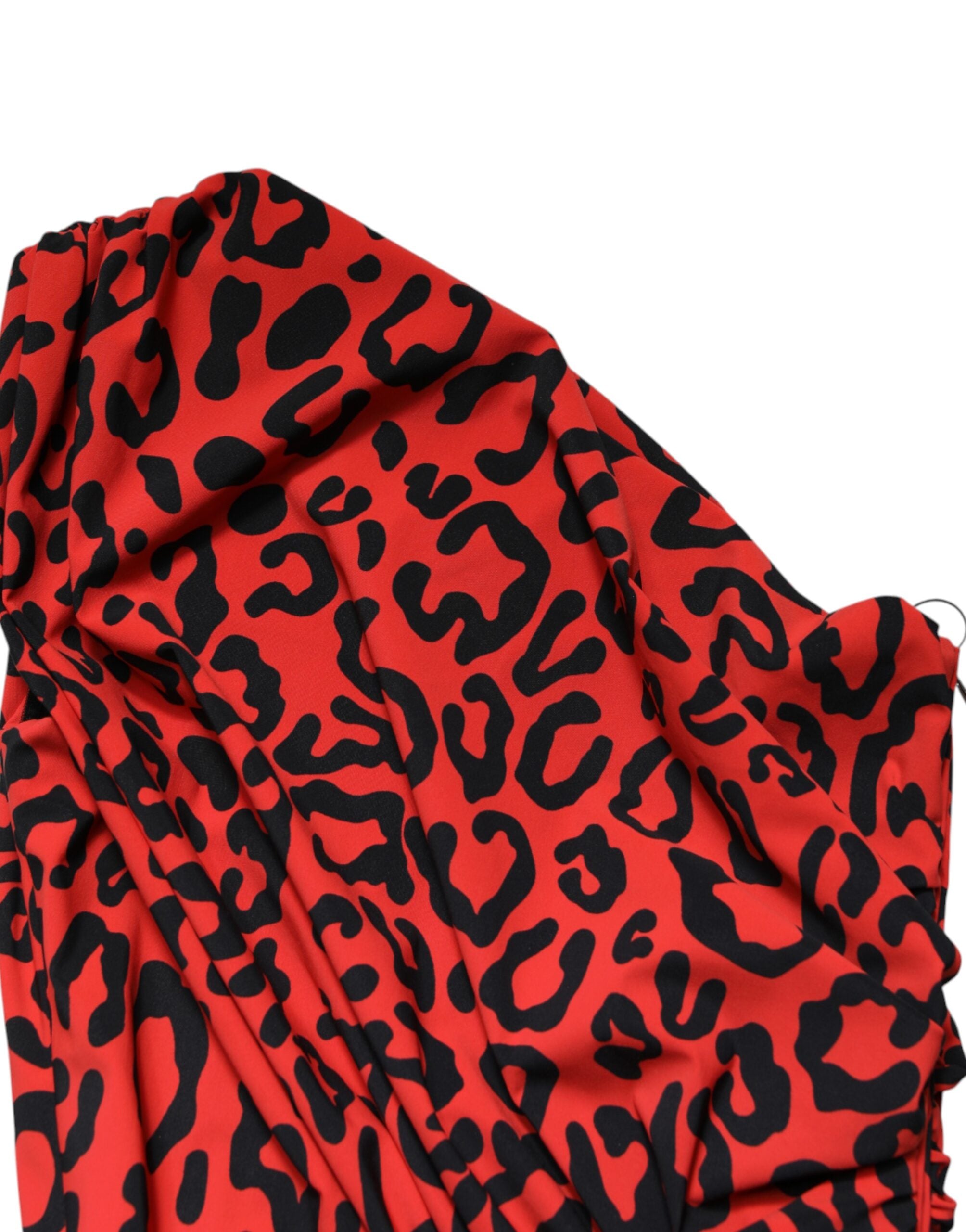 Dolce & Gabbana Red Leopard Print Nylon Sheath Midi Women's Dress