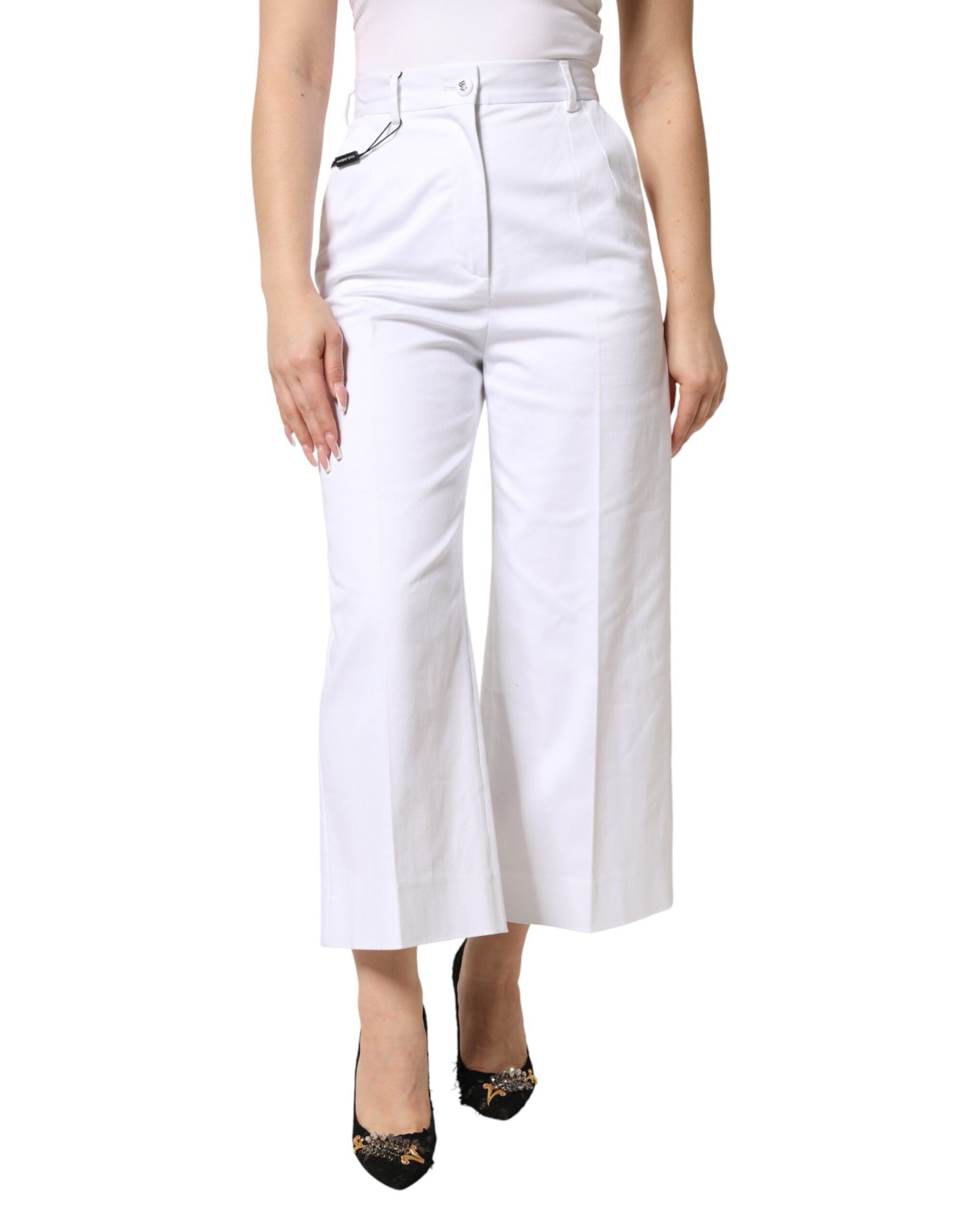 Dolce & Gabbana White Cotton High Waist WideLeg Cropped Women's Pants