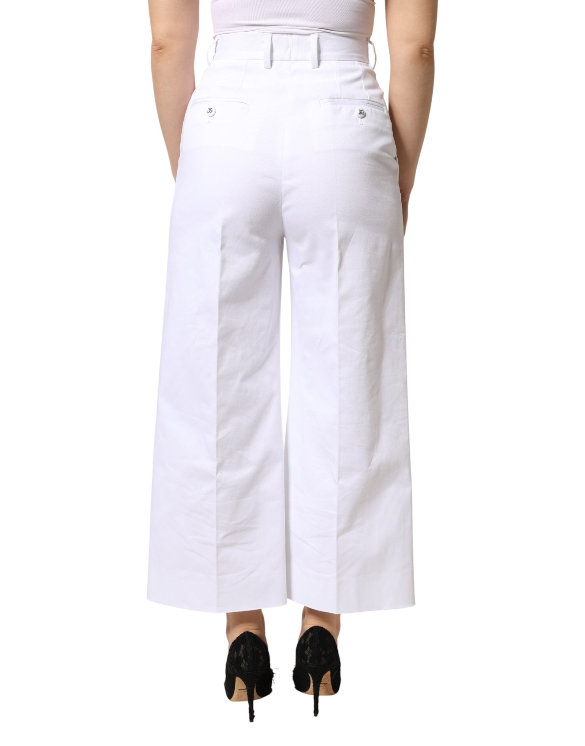Dolce & Gabbana White Cotton High Waist WideLeg Cropped Women's Pants