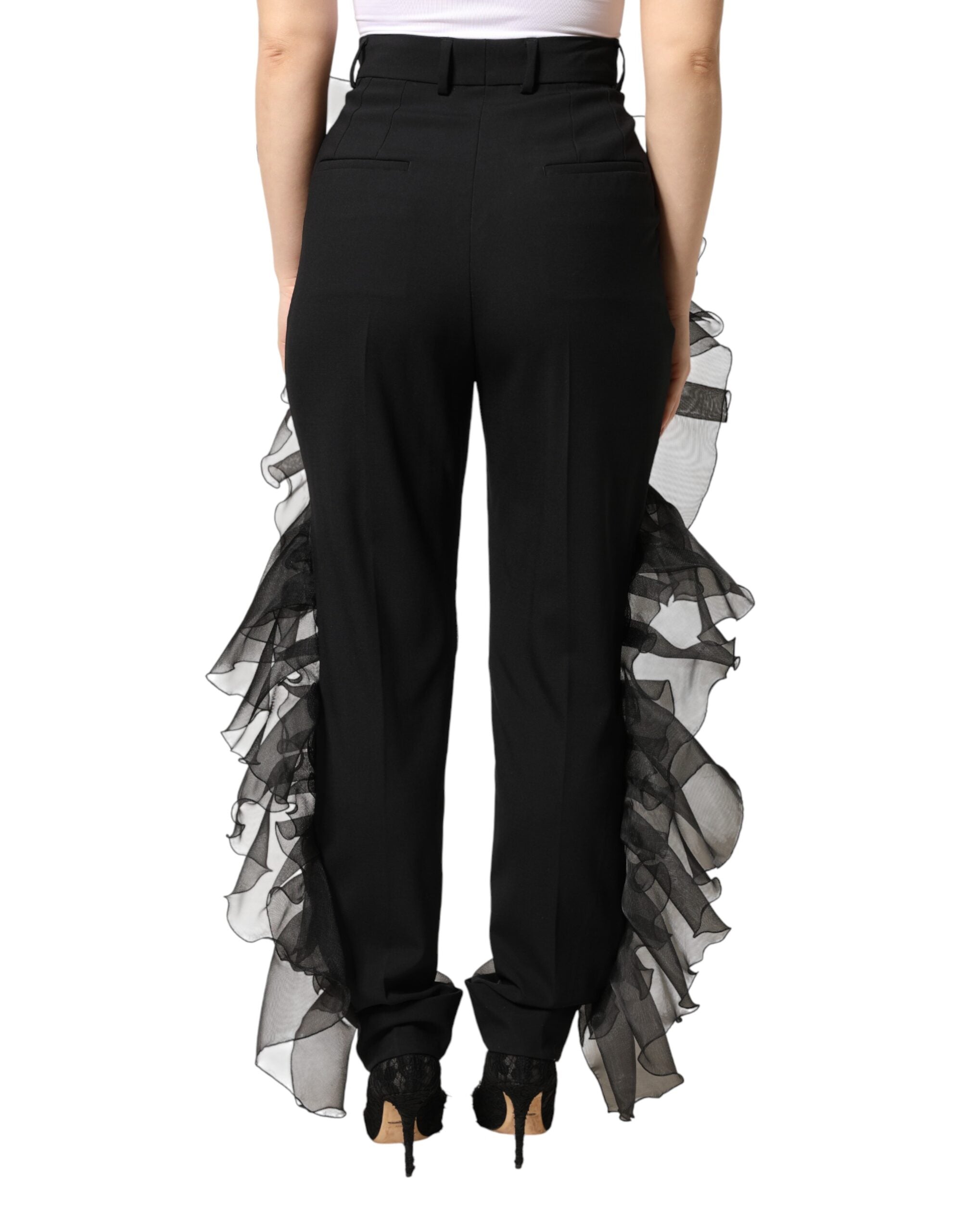 Dolce & Gabbana Black High Waist Tulle Wool Trouser Women's Pants