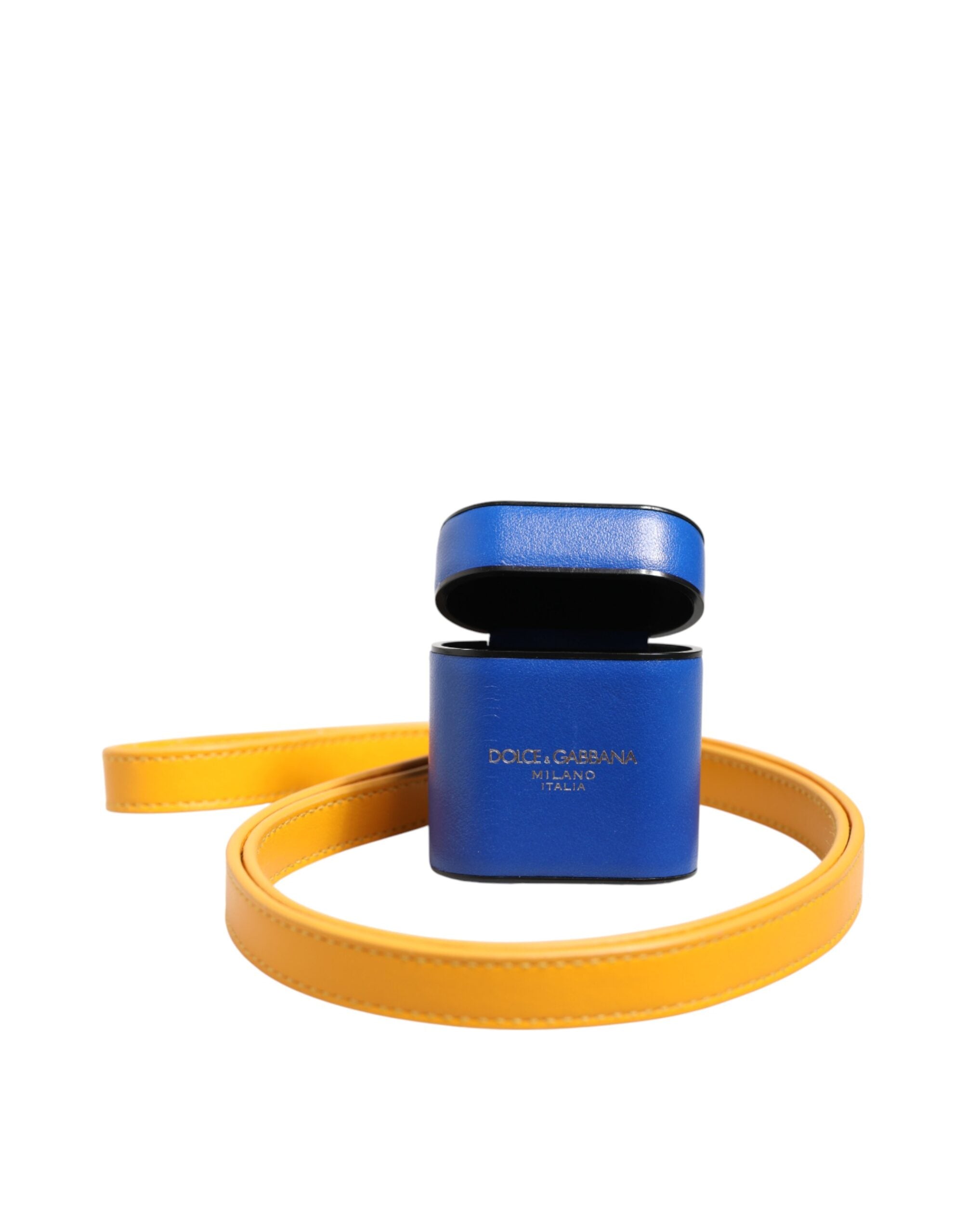 Dolce & Gabbana Blue Yellow Calfskin Leather Logo Strap Men Airpods Men's Case