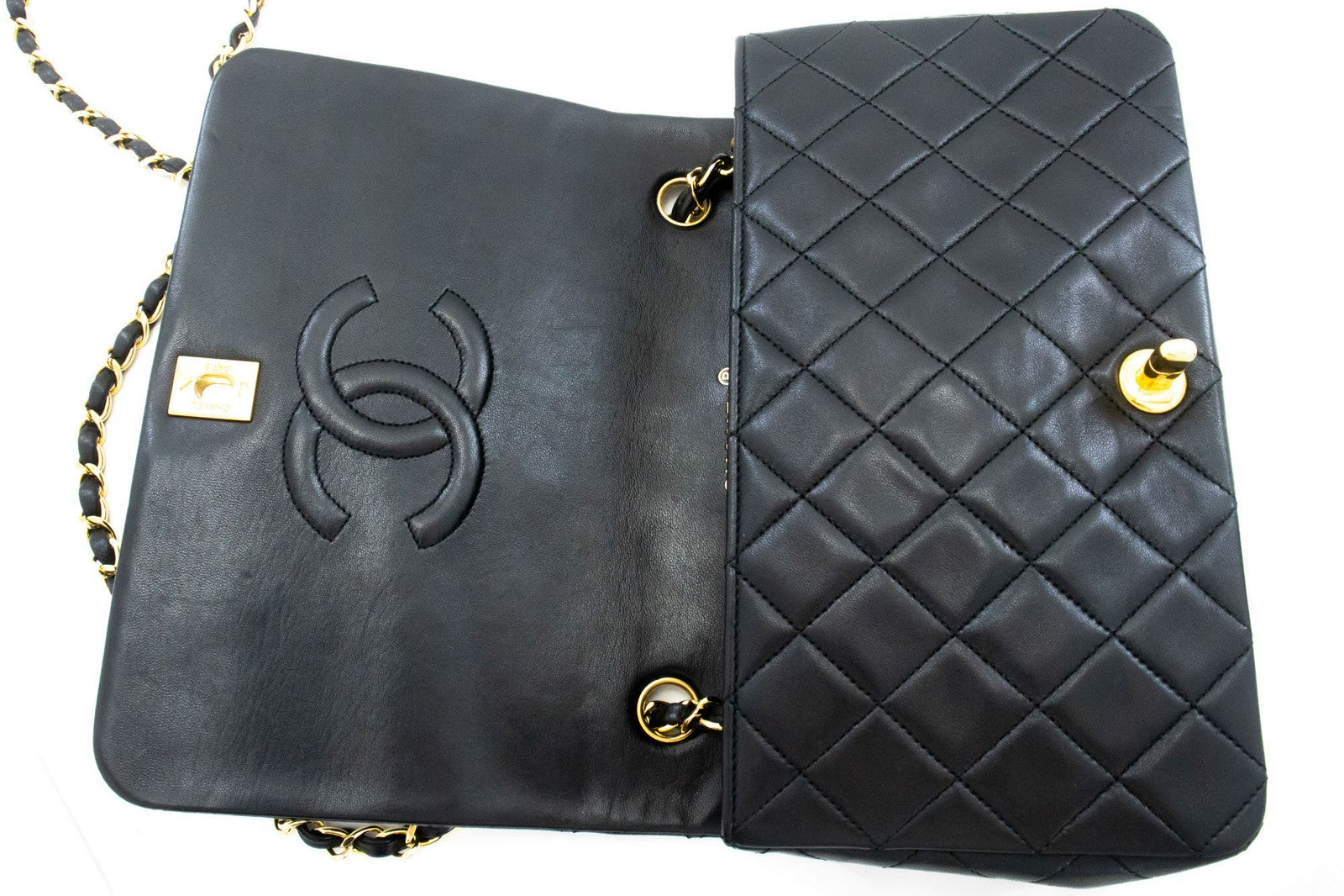 Chanel Vintage Full Flap Quilted Lambskin Black Leather Shoulder Bag Bag (Pre-Owned)