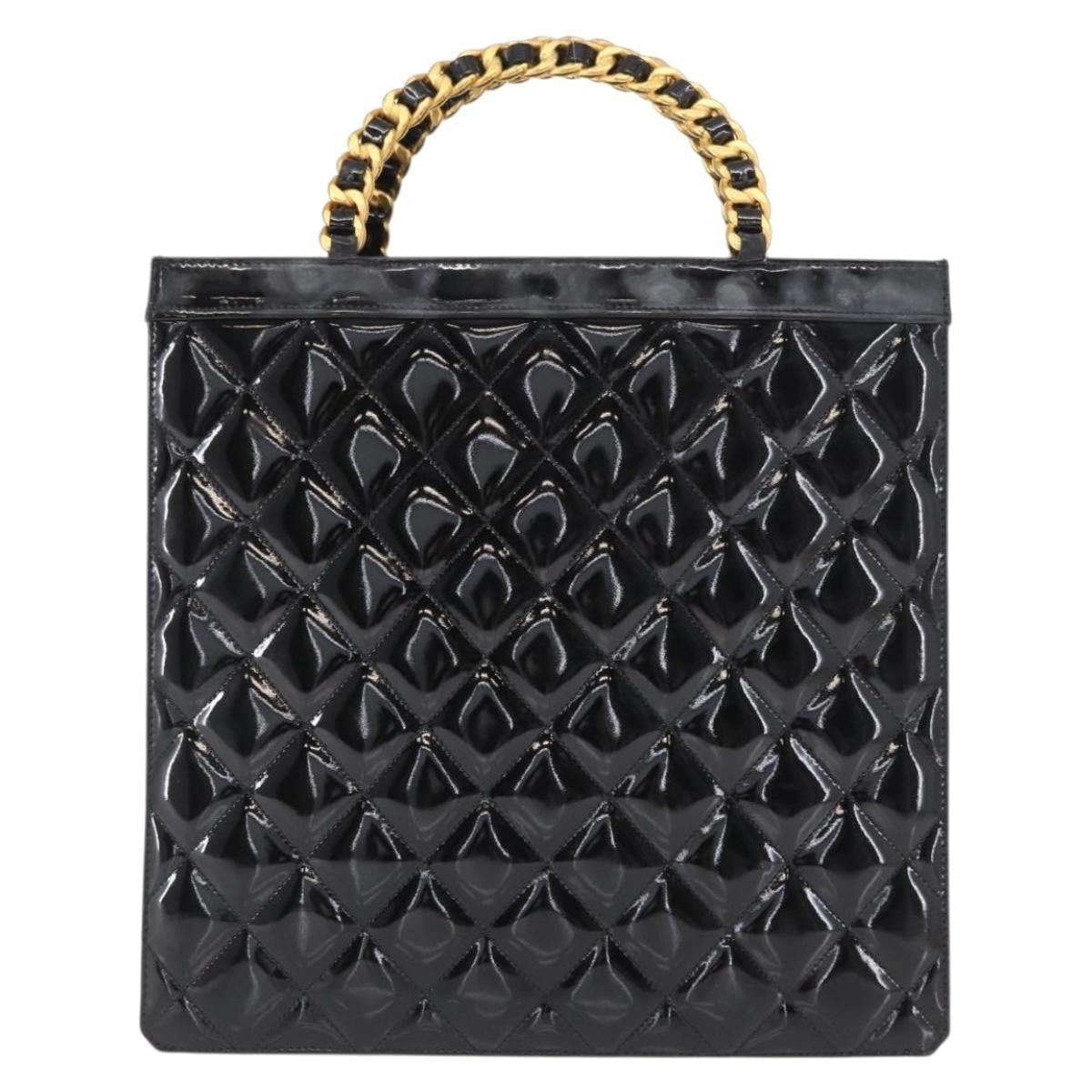 Chanel Chocolate Bar Tote Leather Black Patent_Leather Handbag (Pre-Owned)