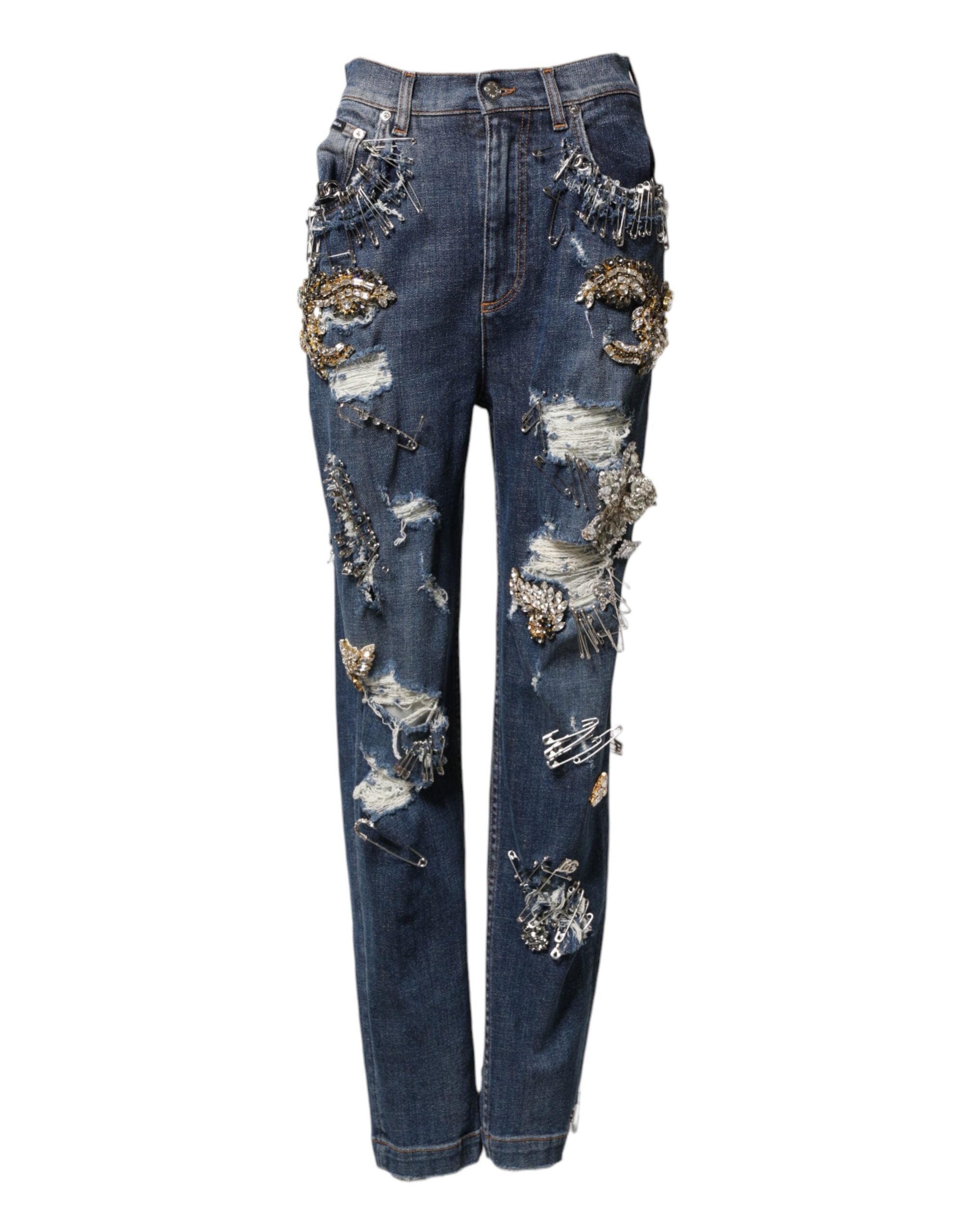 Dolce & Gabbana Blue Cotton Rhinestone Embellish Denim Women's Jeans
