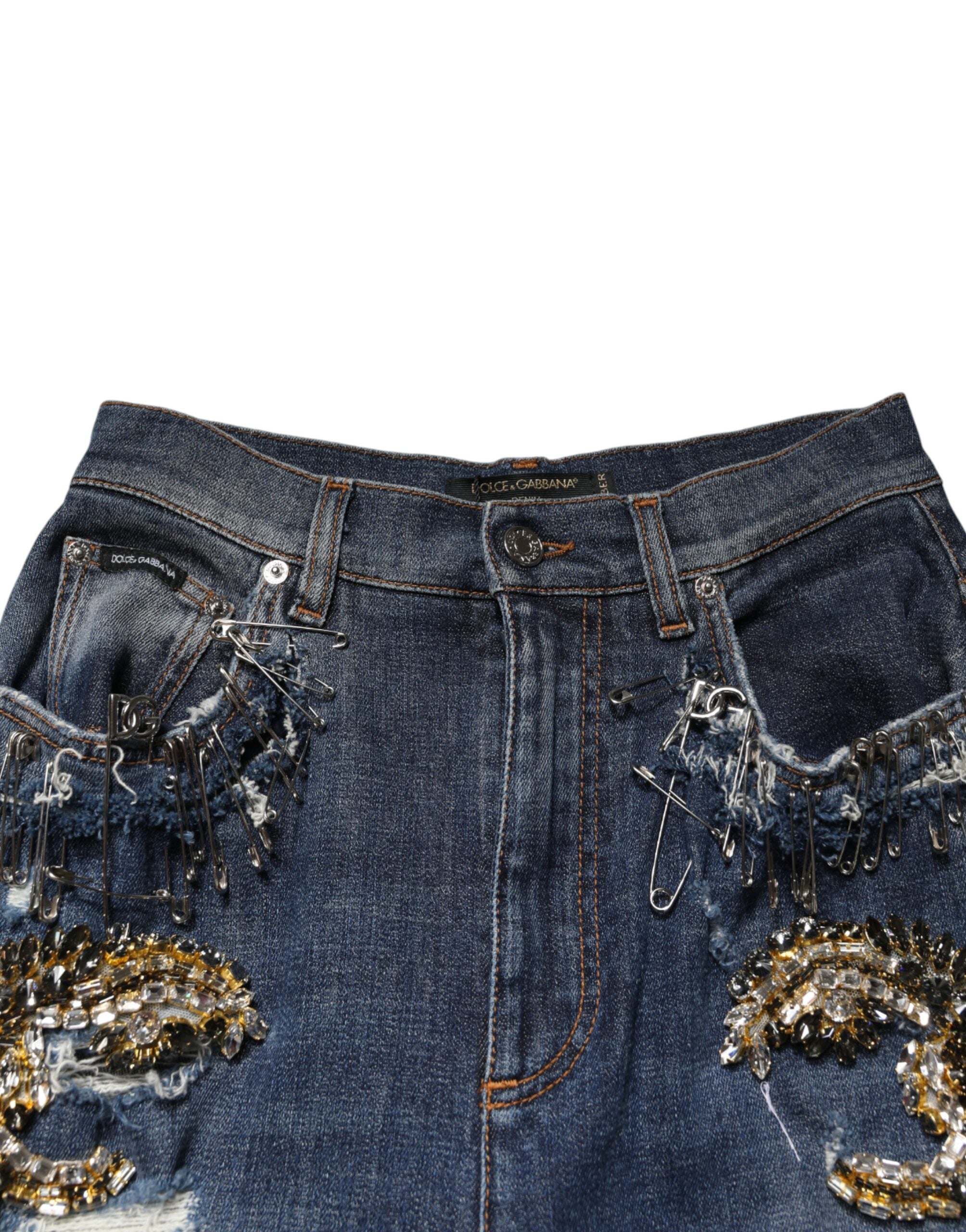 Dolce & Gabbana Blue Cotton Rhinestone Embellish Denim Women's Jeans
