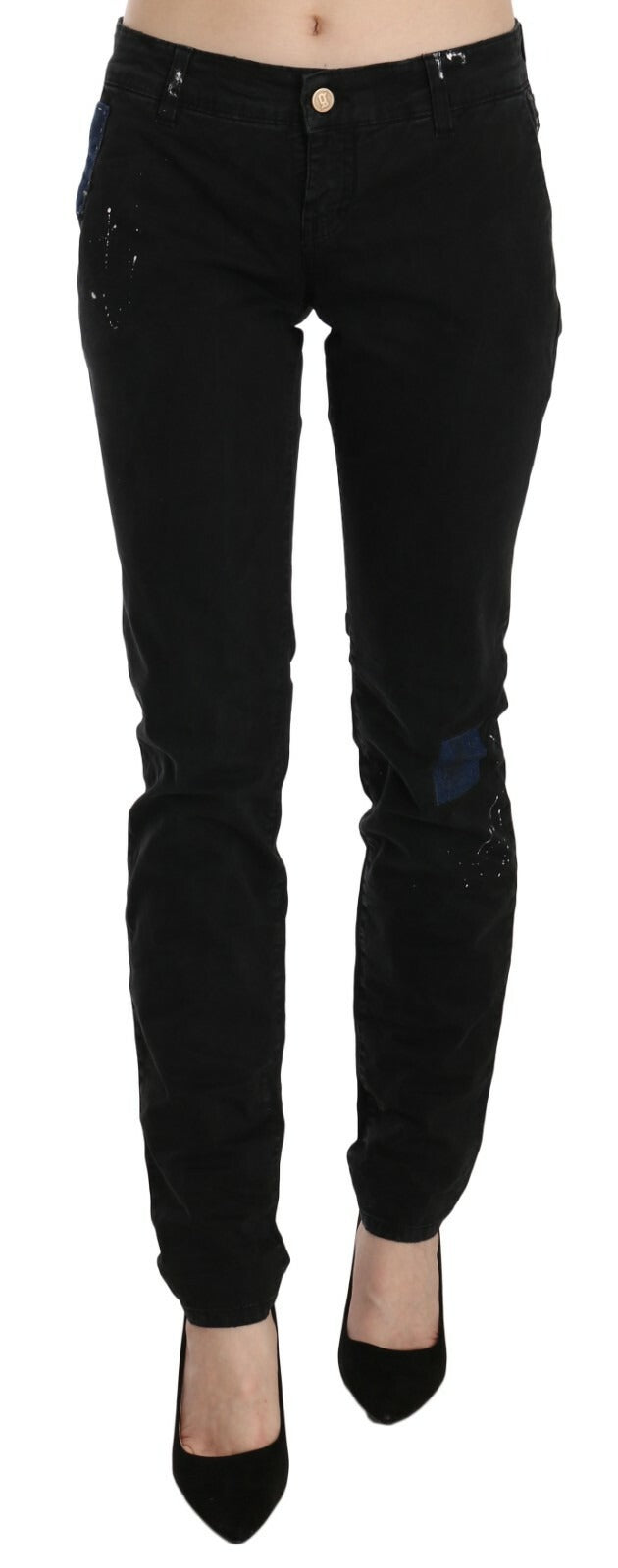 John Galliano Black Low Waist White Paint Skinny Denim Pants Women's Jeans
