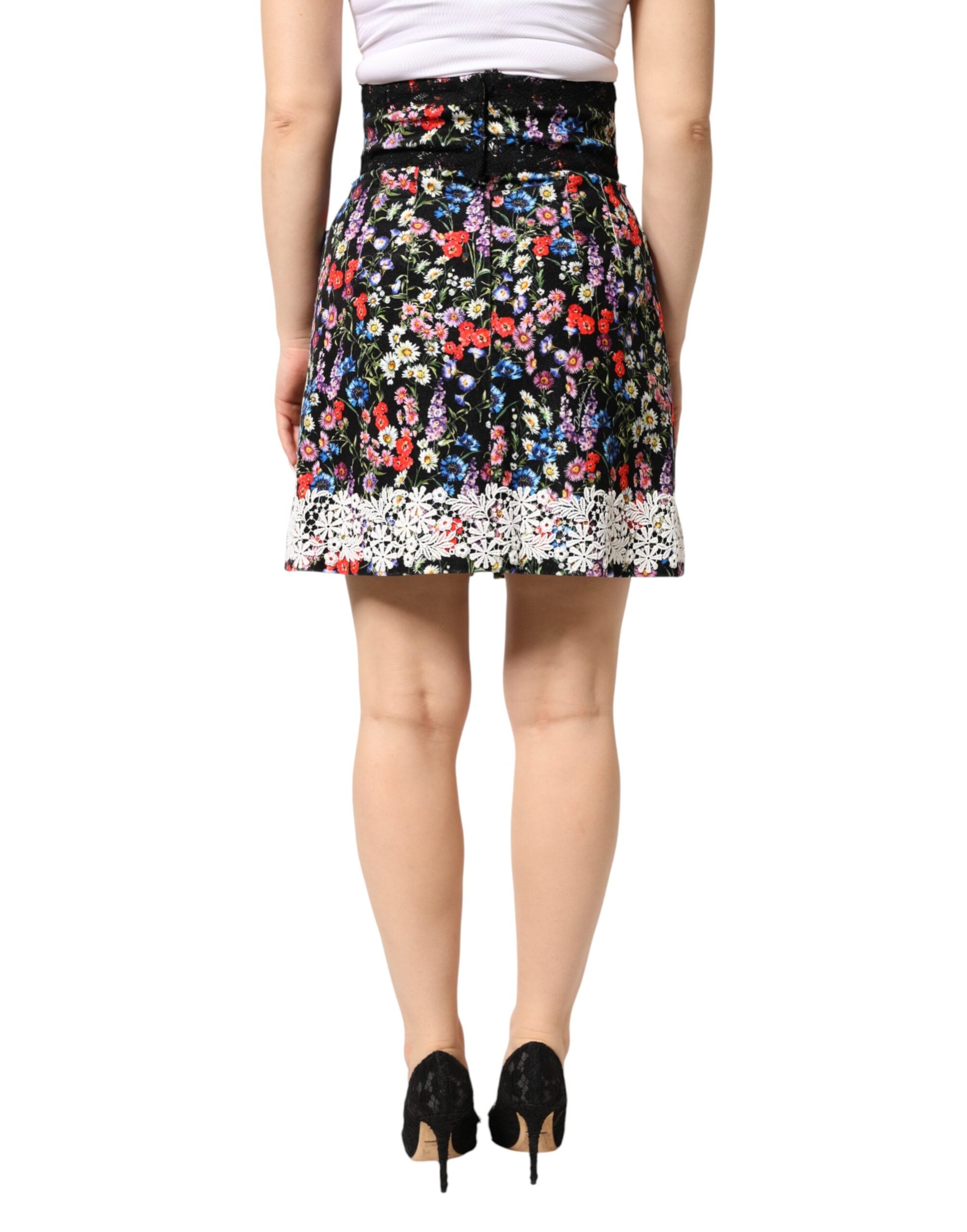 Dolce & Gabbana Black Floral Lace Cotton HighWaist Mini Women's Skirt