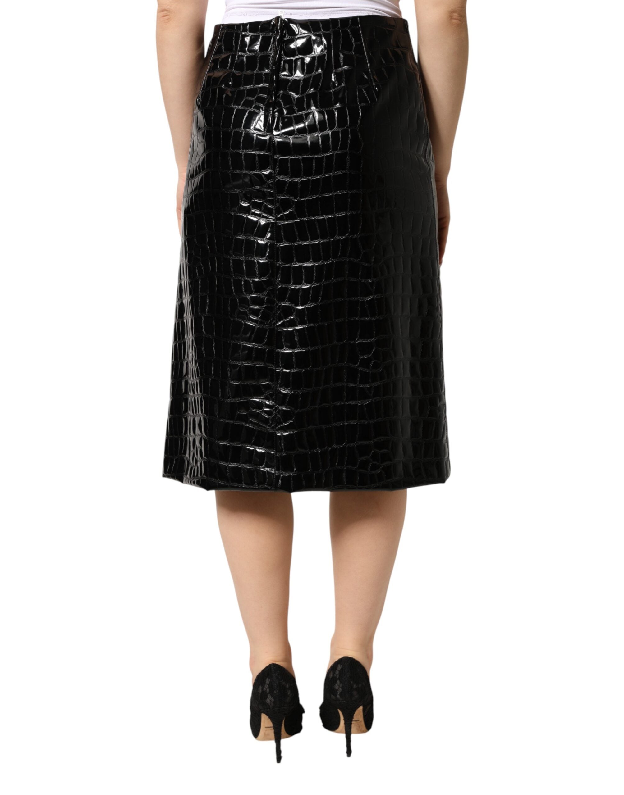 Dolce & Gabbana Black Croc Faux-Leather Mid Waist Midi Women's Skirt (Pre-Owned)