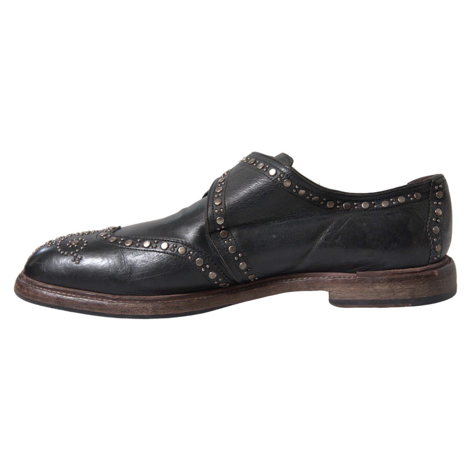 Dolce & Gabbana Black Leather Monk Strap Studded Dress Men's Shoes