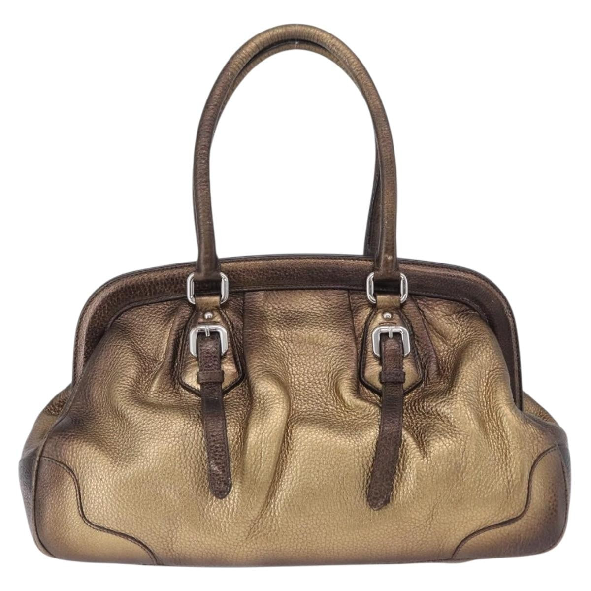 Prada Belted Frame Satchel Metallic Leather Gold Leather Handbag (Pre-Owned)