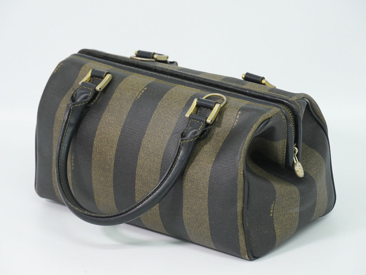 Fendi Vintage Pequin Convertible Boston Coated Canvas Khaki Canvas Handbag (Pre-Owned)