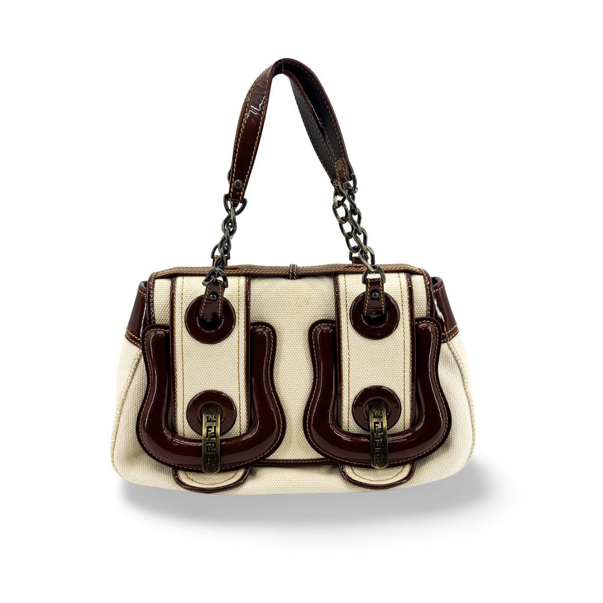 Fendi B. Bag Canvas With Patent Brown Canvas Handbag (Pre-Owned)