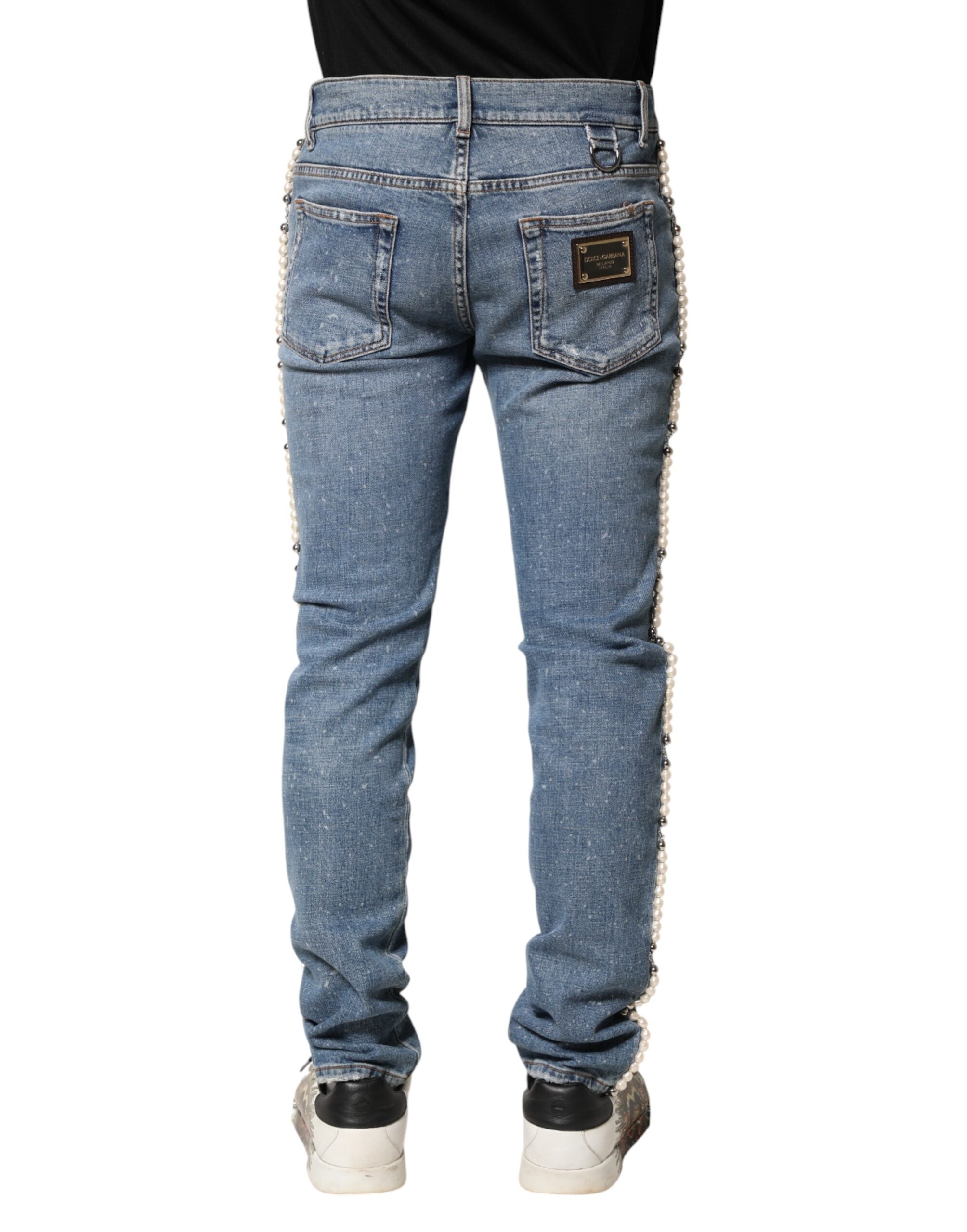 Dolce & Gabbana Blue Embellished Cotton Skinny Denim Men's Jeans