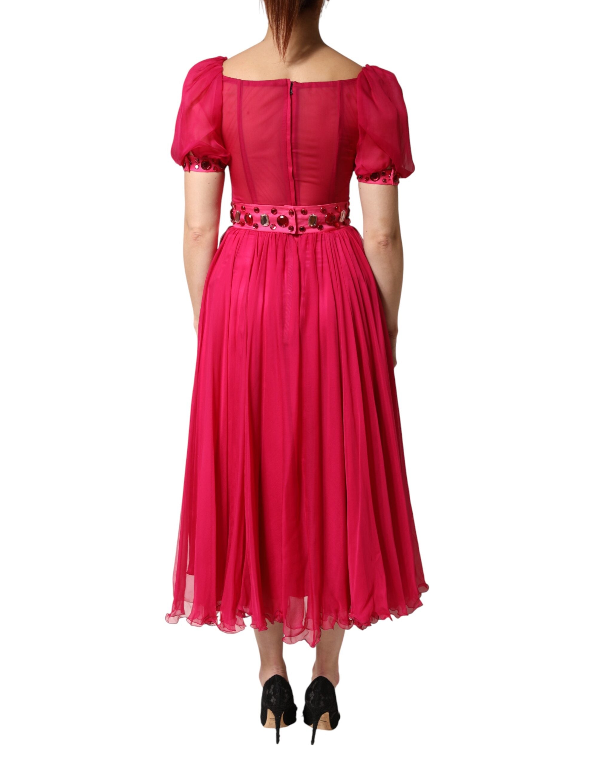 Dolce & Gabbana Pink Silk Embellished A-line Midi Women's Dress (Pre-Owned)