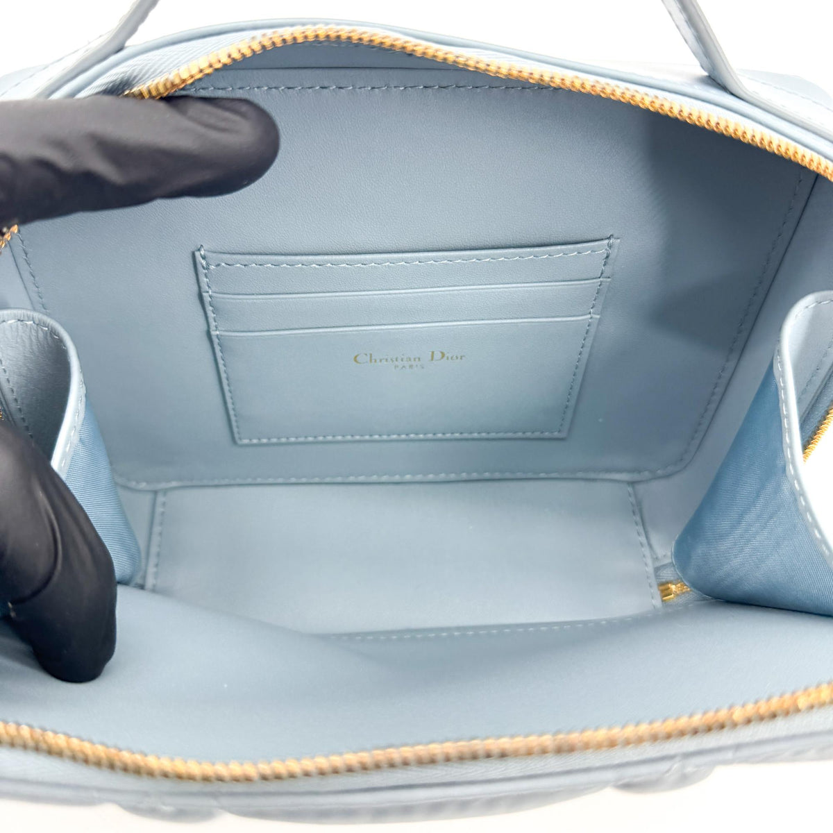 Christian Dior Caro Box Bag With Chain Macrocannage Quilt Calfskin Blue Leather Handbag (Pre-Owned)