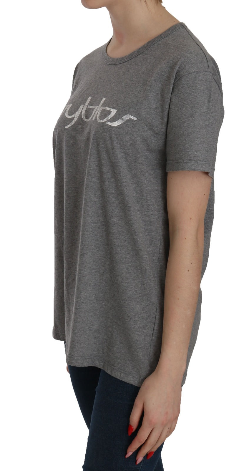 BYBLOS Cotton Grey Short Sleeve Round Neck Top T-shirt Women's Blouse