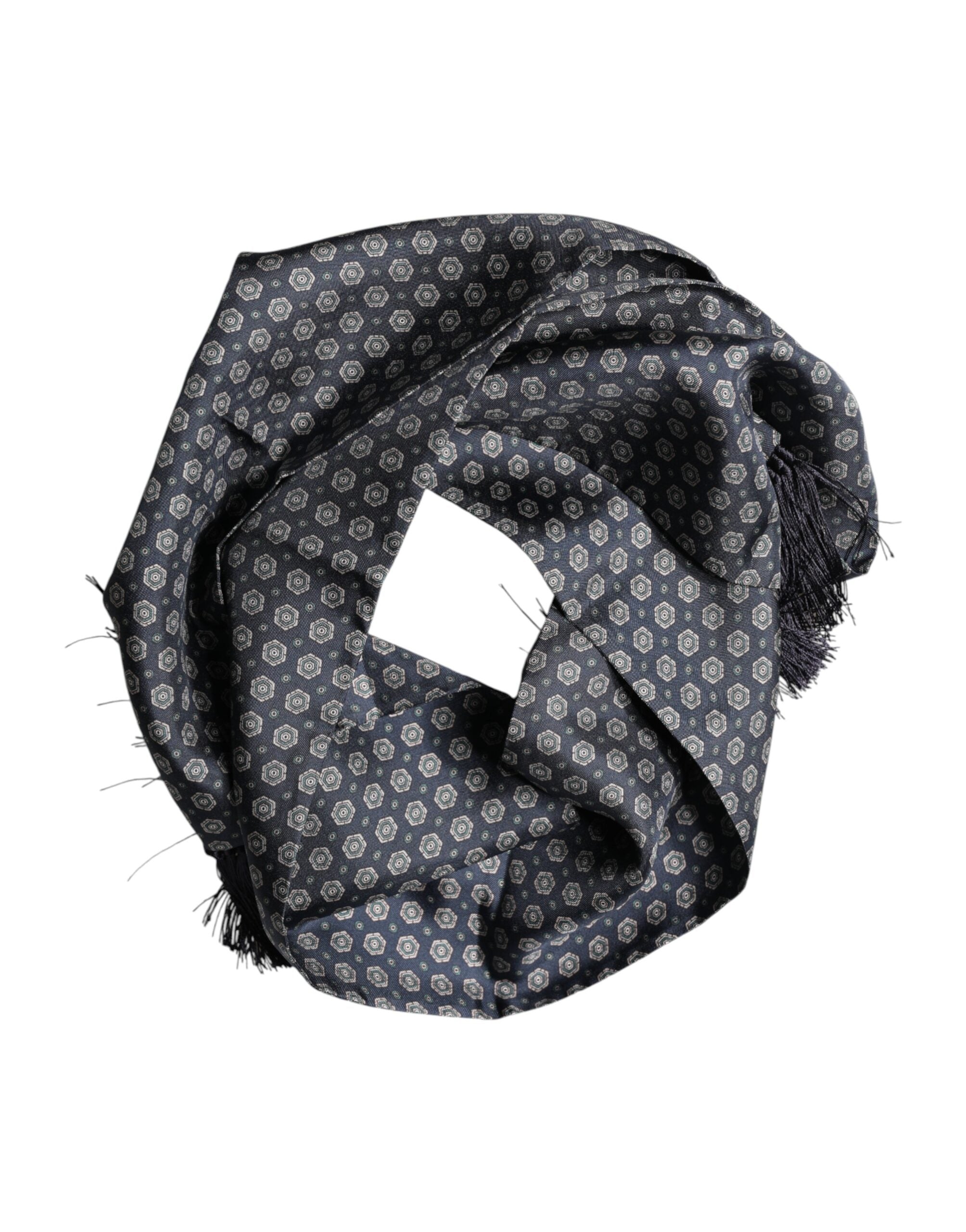 Dolce & Gabbana Blue Patterned Fringes Neck Foulard Men's Scarf