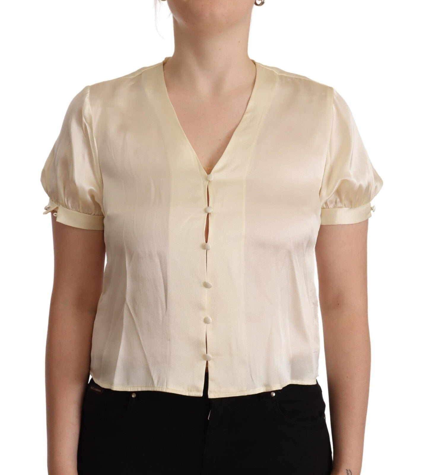 L'Autre Chose Blouse Off White Silk Short Sleeves V-neck Women's Top (Pre-Owned)