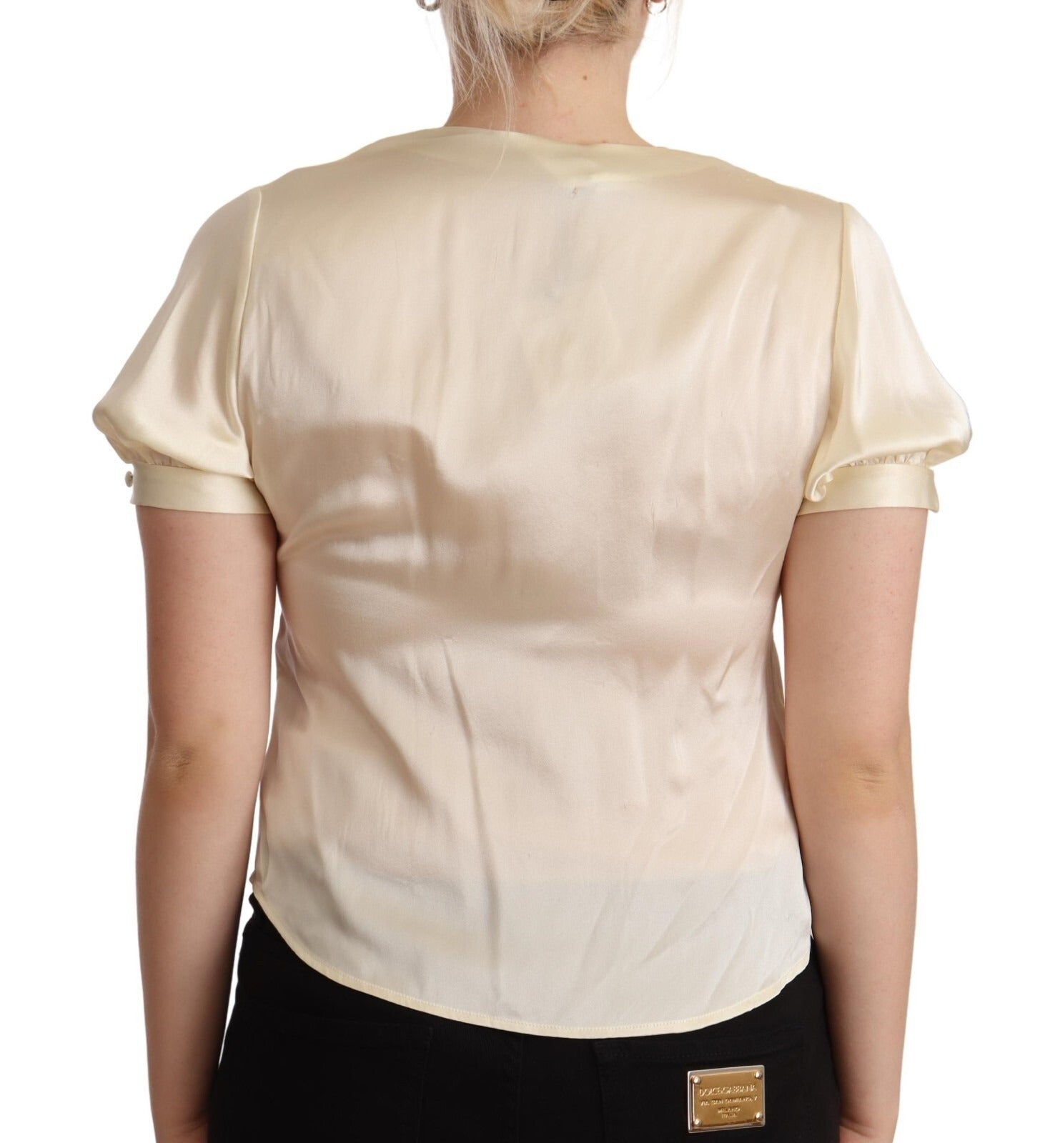 L'Autre Chose Blouse Off White Silk Short Sleeves V-neck Women's Top (Pre-Owned)