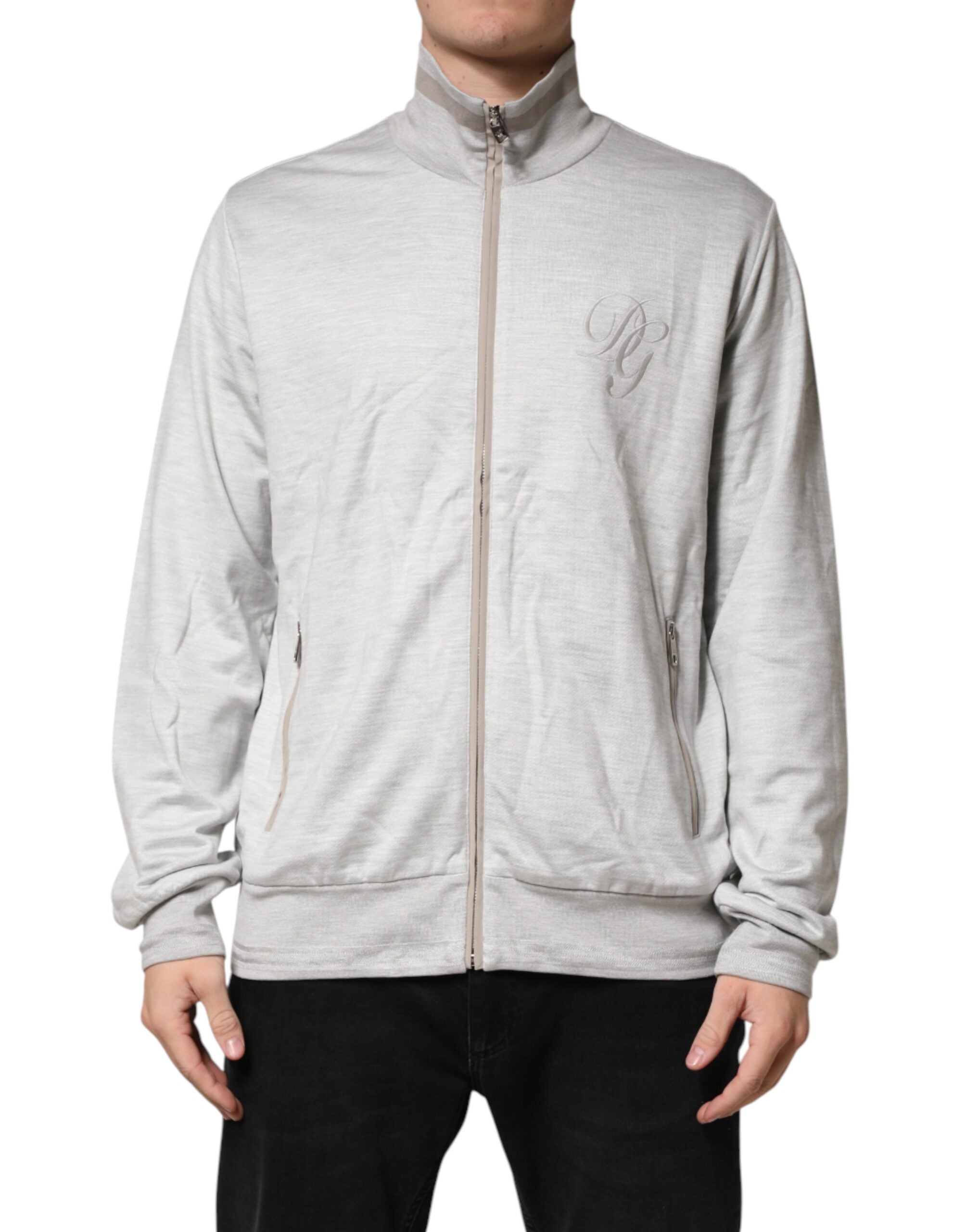 Dolce & Gabbana Light Gray Cotton Zipped Cardigan Men's Sweater