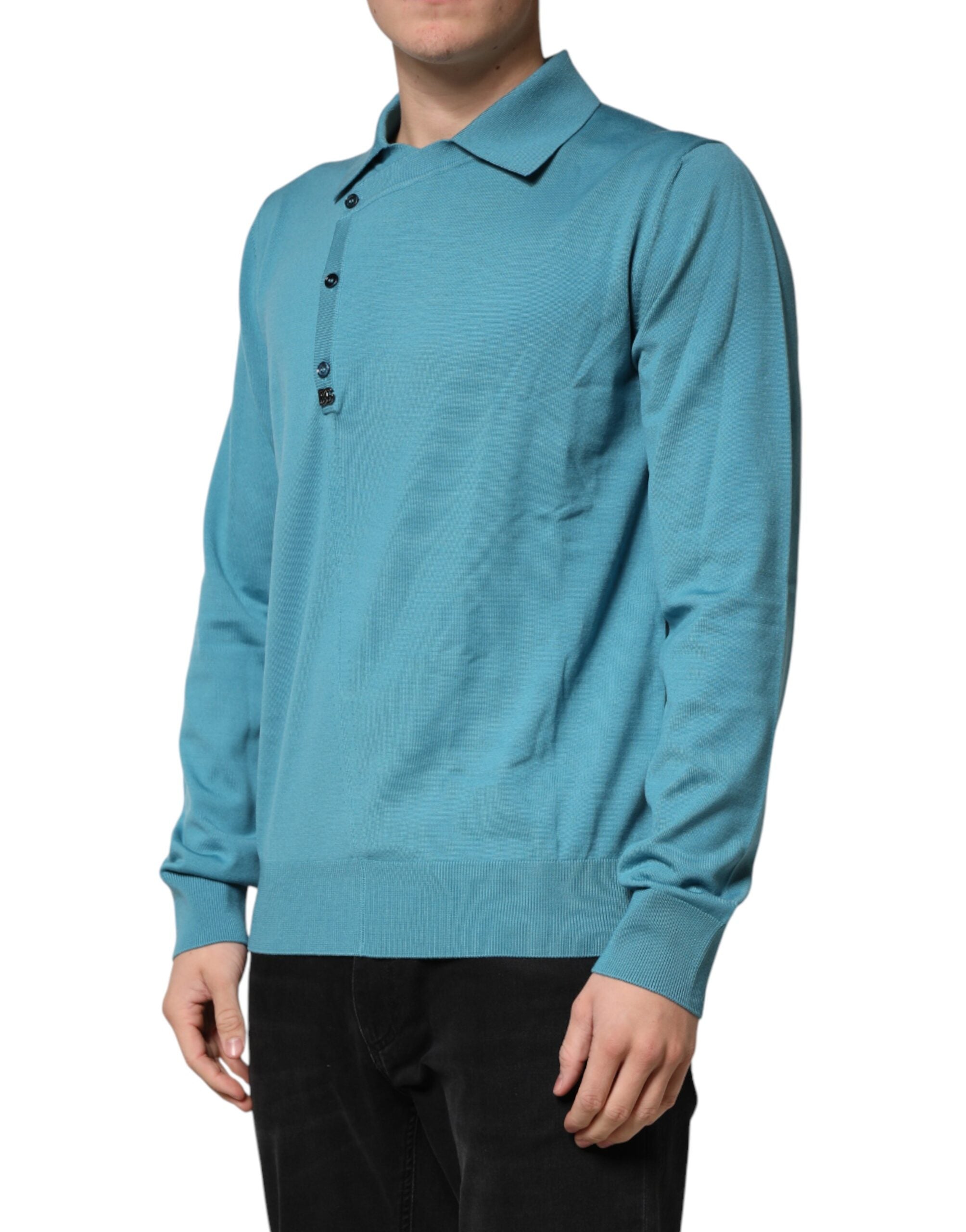 Dolce & Gabbana Teal Wool Collared Polo Pullover Men's Sweater