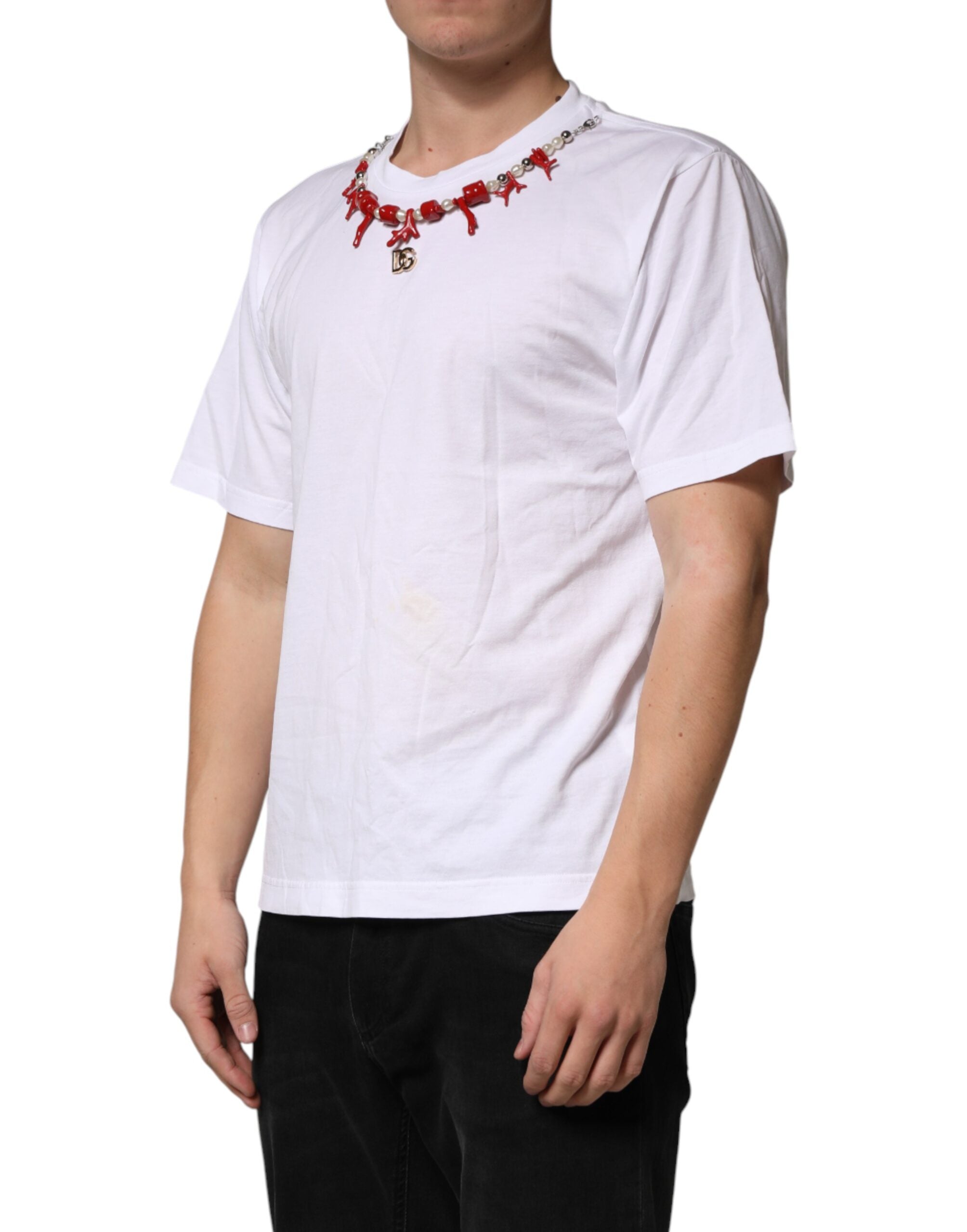 Dolce & Gabbana White Cotton Necklace Embellished Men's T-shirt (Pre-Owned)