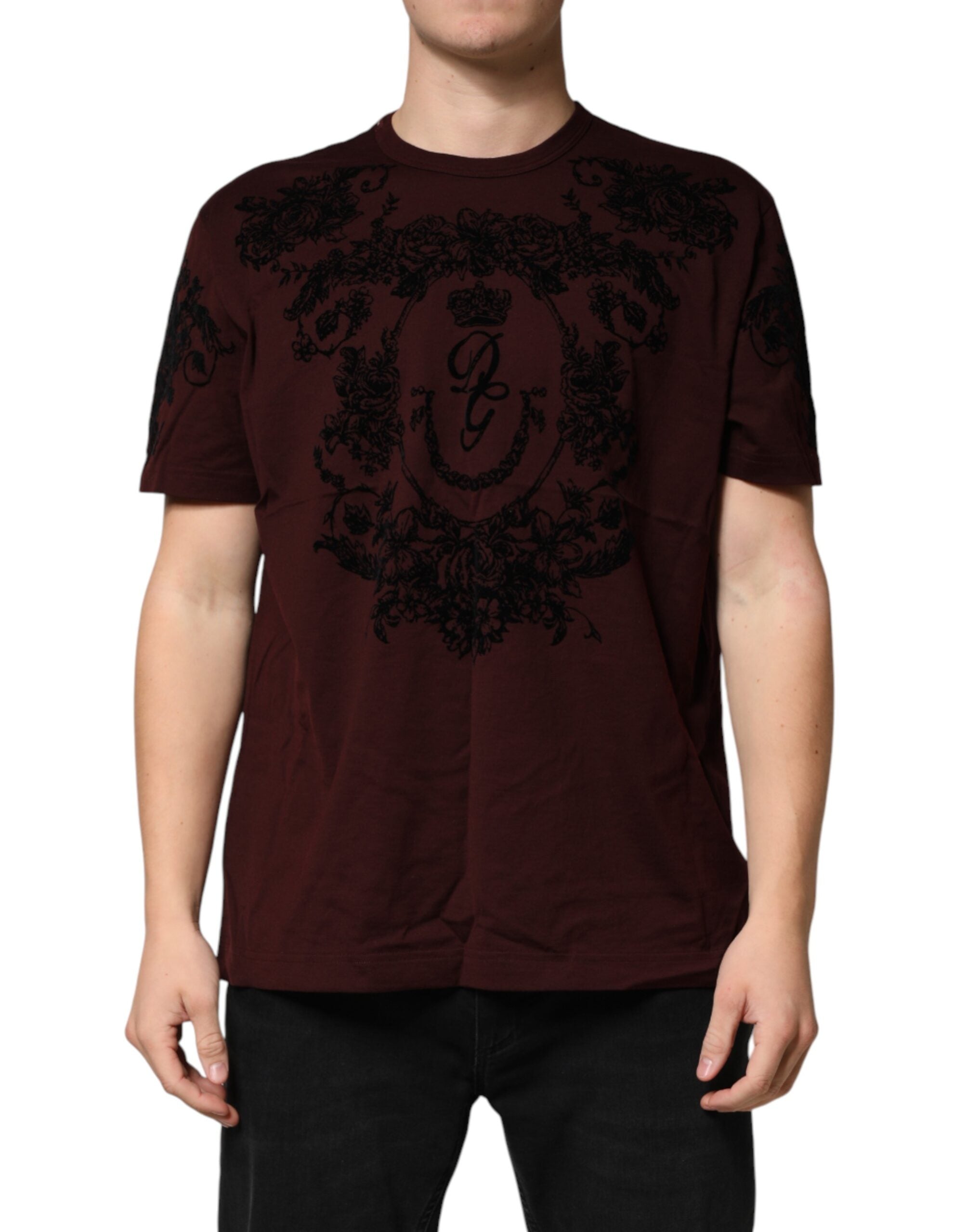 Dolce & Gabbana Maroon DG Crown Floral Crewneck Men Men's T-shirt (Pre-Owned)