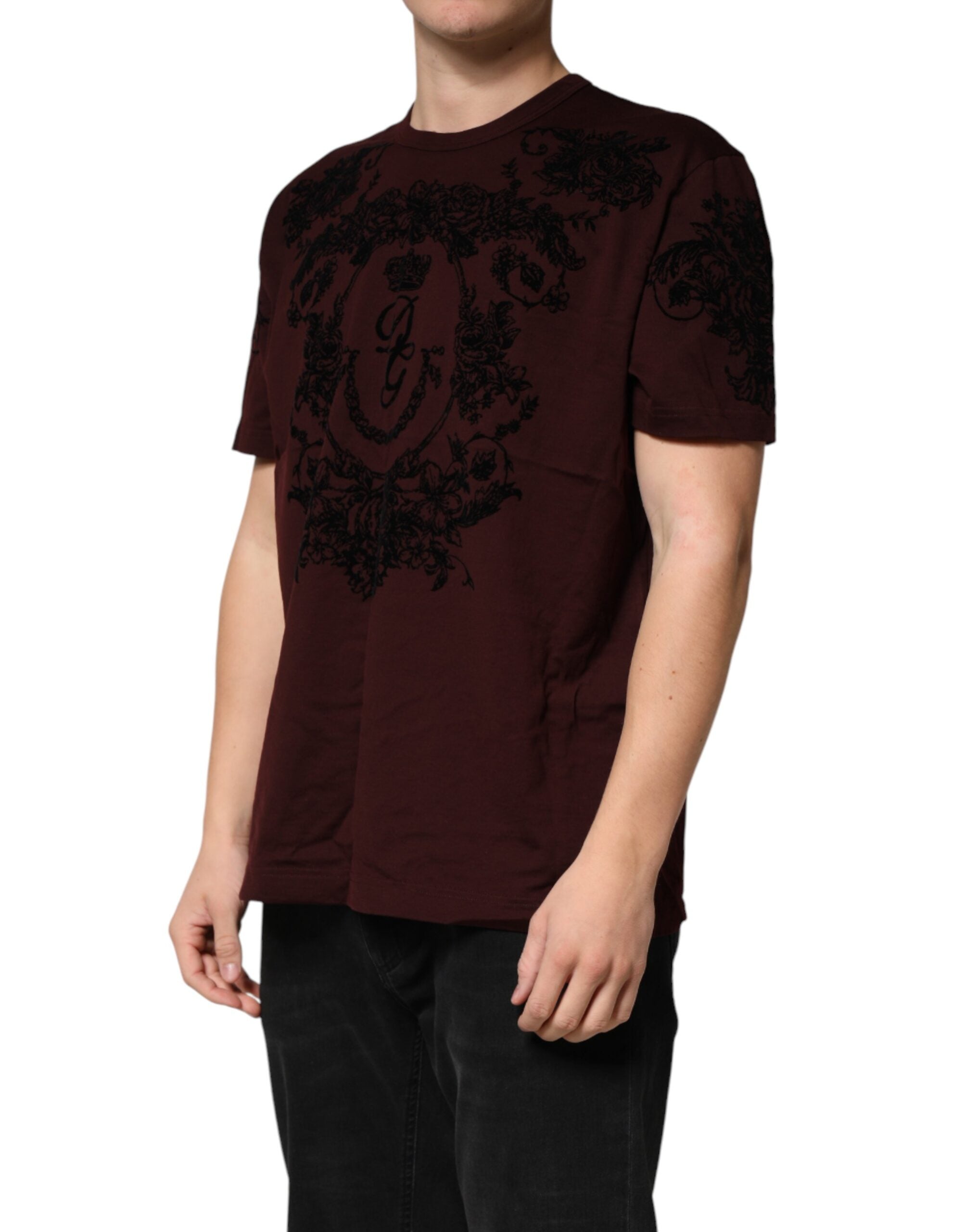 Dolce & Gabbana Maroon DG Crown Floral Crewneck Men Men's T-shirt (Pre-Owned)