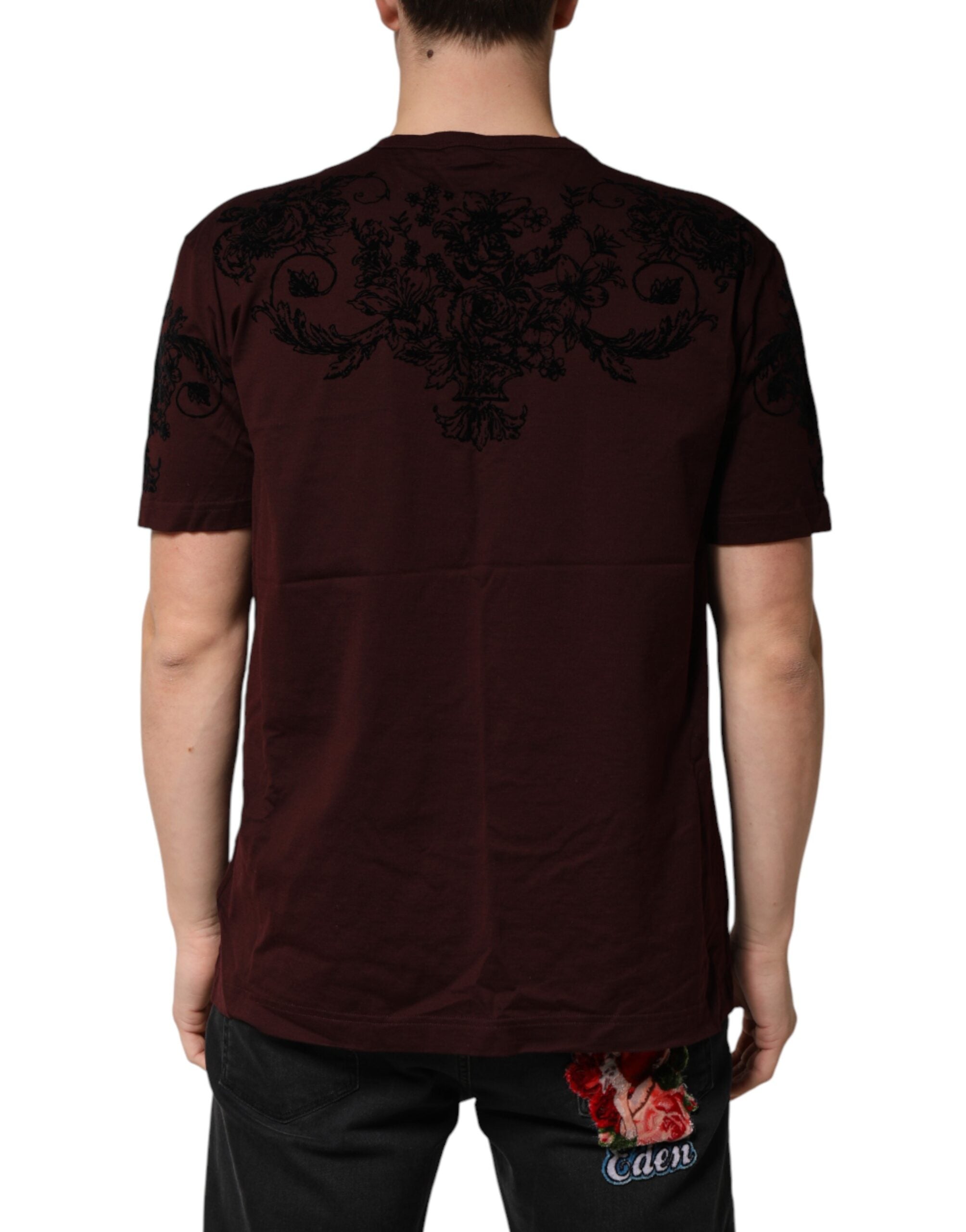 Dolce & Gabbana Maroon DG Crown Floral Crewneck Men Men's T-shirt (Pre-Owned)