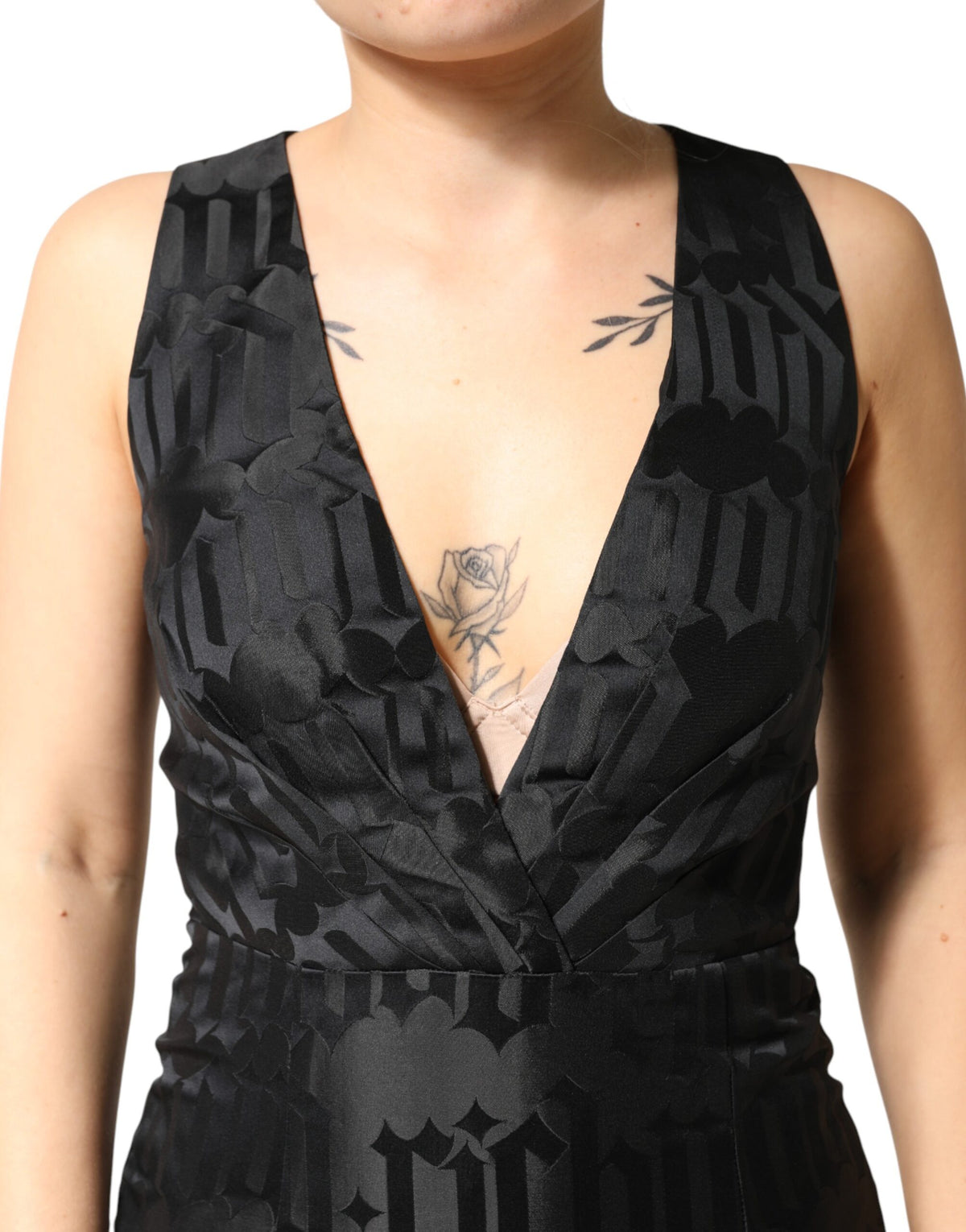 John Richmond Black Jacquard Deep V-neck Sleeveless 2 Pc Women's Dress