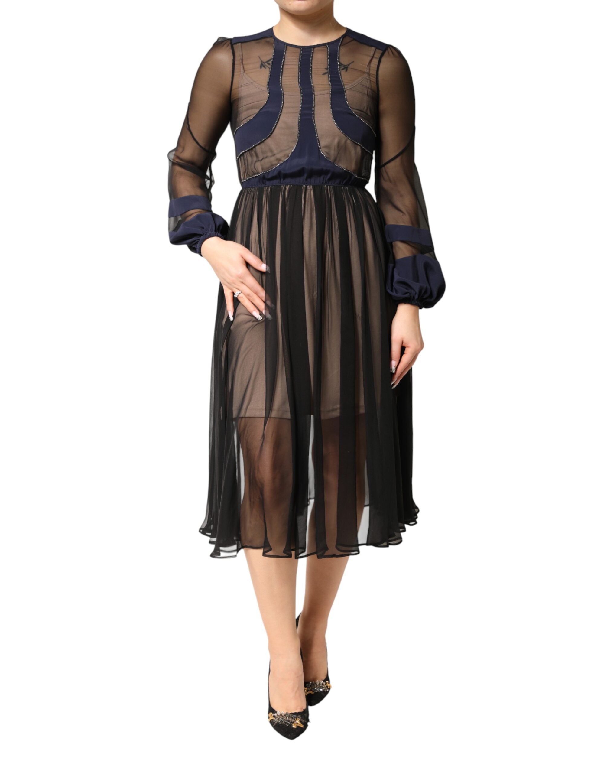 N.21 Blue Long Sleeves Sheer Silk Sheath A-line Midi Women's Dress (Pre-Owned)