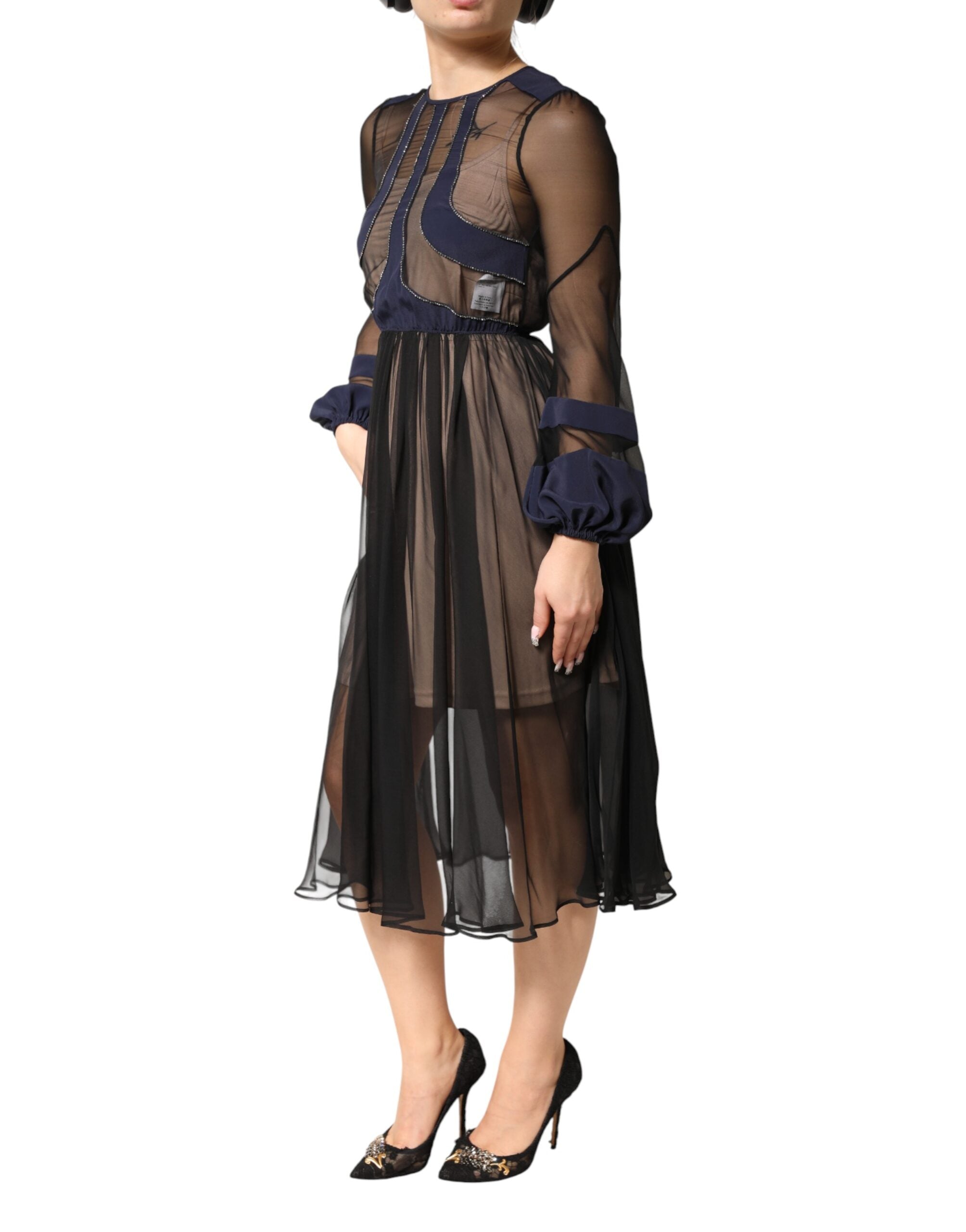 N.21 Blue Long Sleeves Sheer Silk Sheath A-line Midi Women's Dress (Pre-Owned)