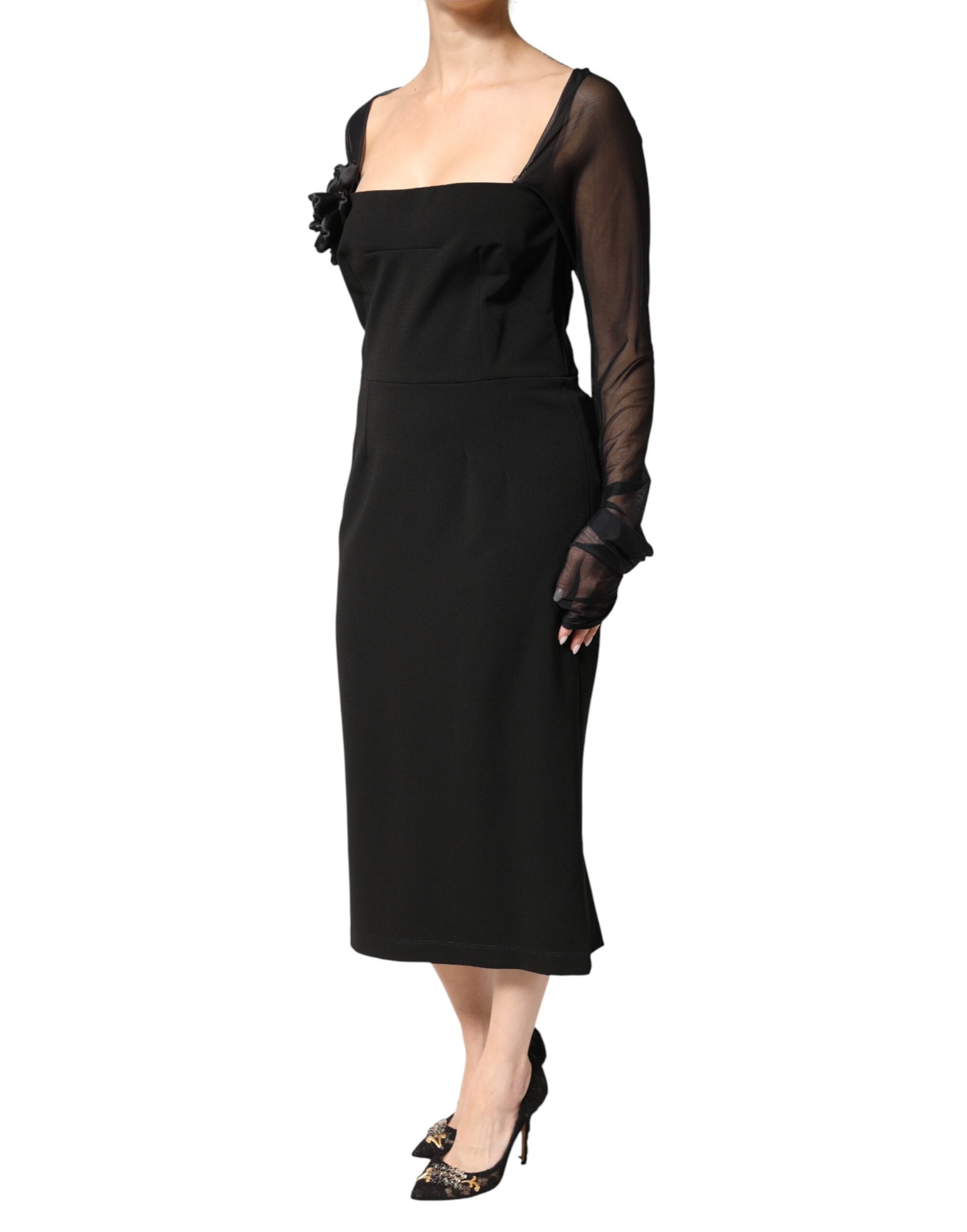 Dolce & Gabbana Black Sheer Yoke Rosette Sheath Midi Women's Dress