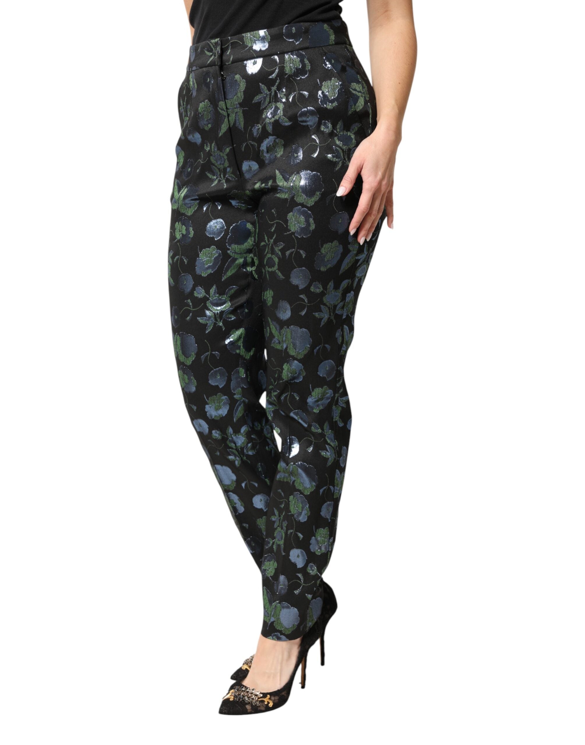 Dolce & Gabbana BlueGreen Floral Metallic Slim Trouser Women's Pants