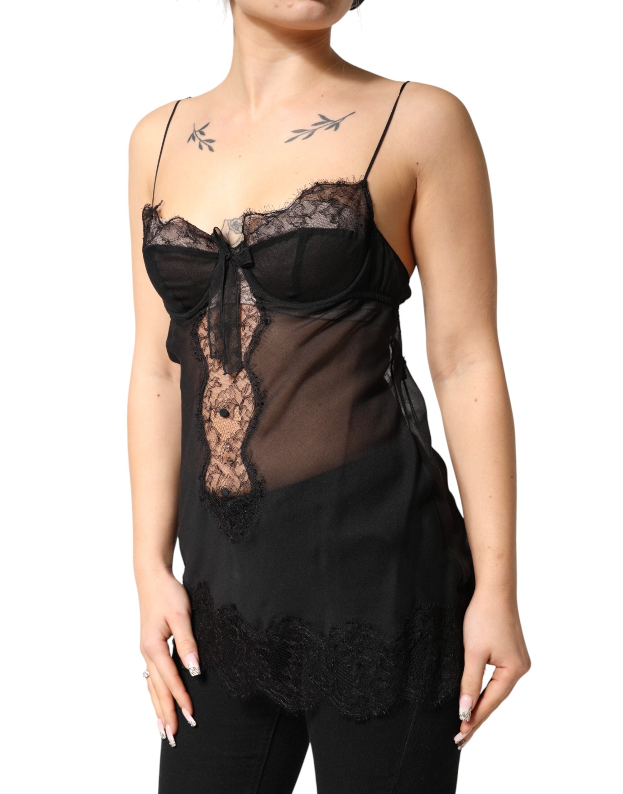Dolce & Gabbana Black Silk Floral Lace Chemise Lingerie Women's Top