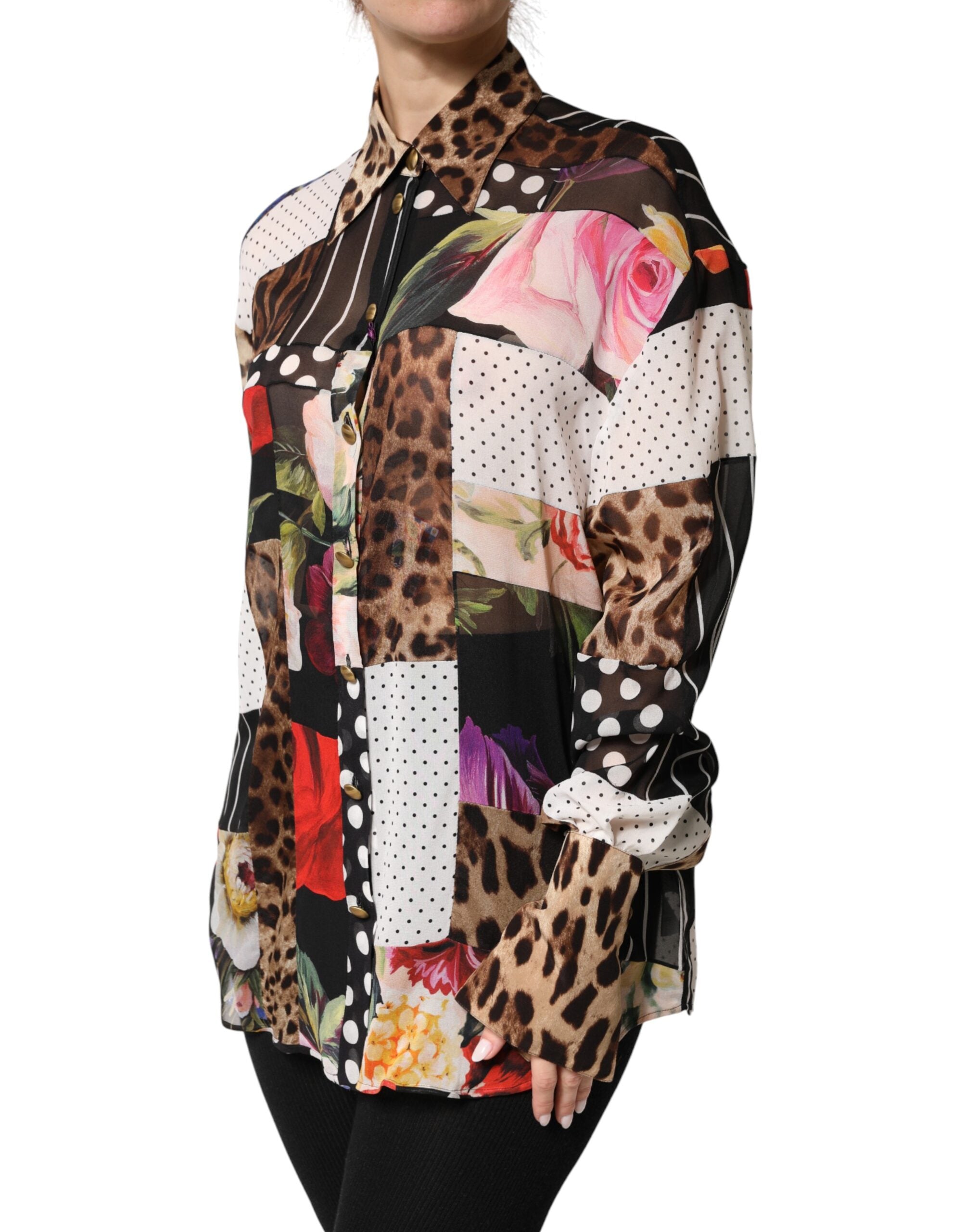 Dolce & Gabbana Multicolor Patchwork Silk CollaredBlouse Women's Top