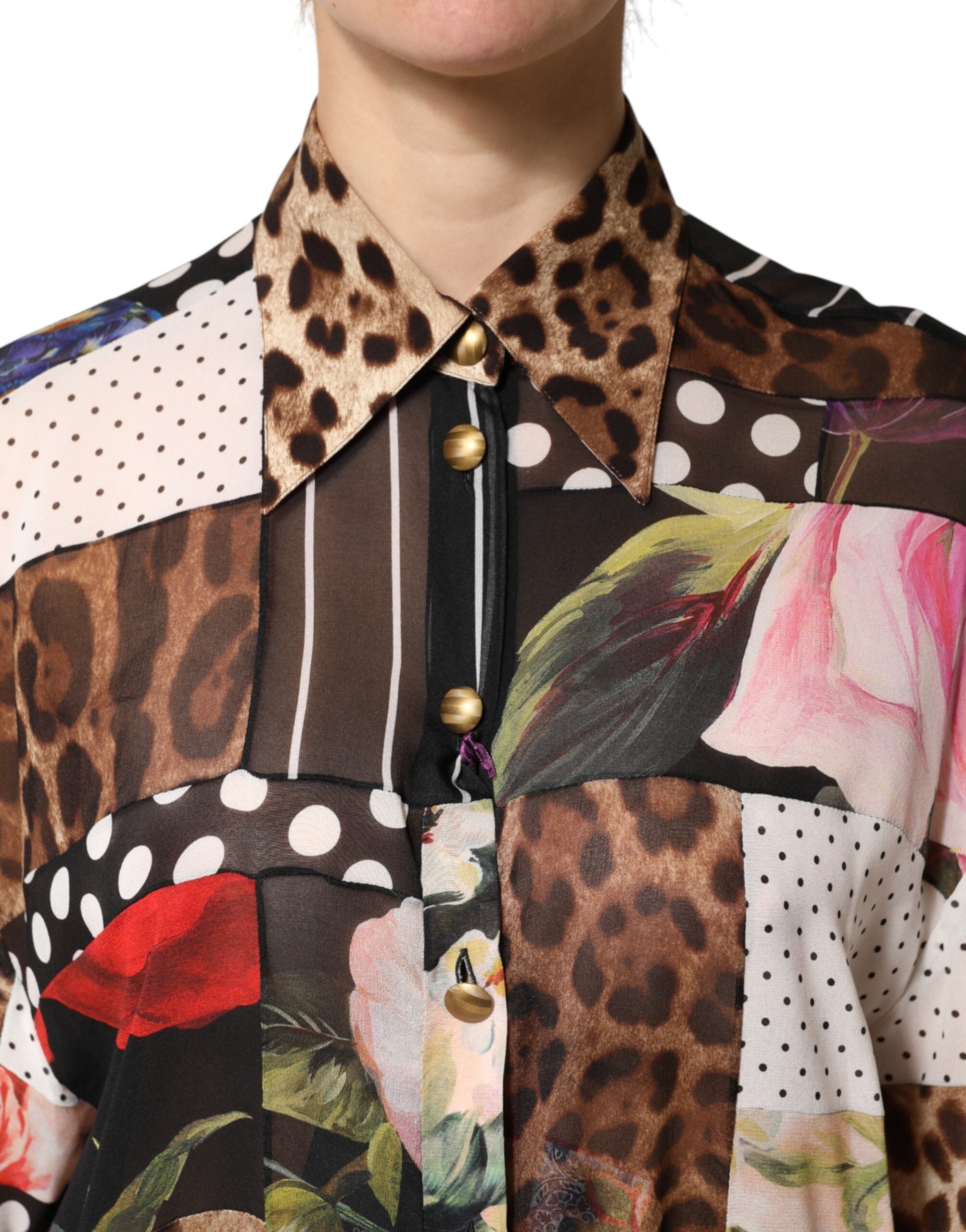 Dolce & Gabbana Multicolor Patchwork Silk CollaredBlouse Women's Top