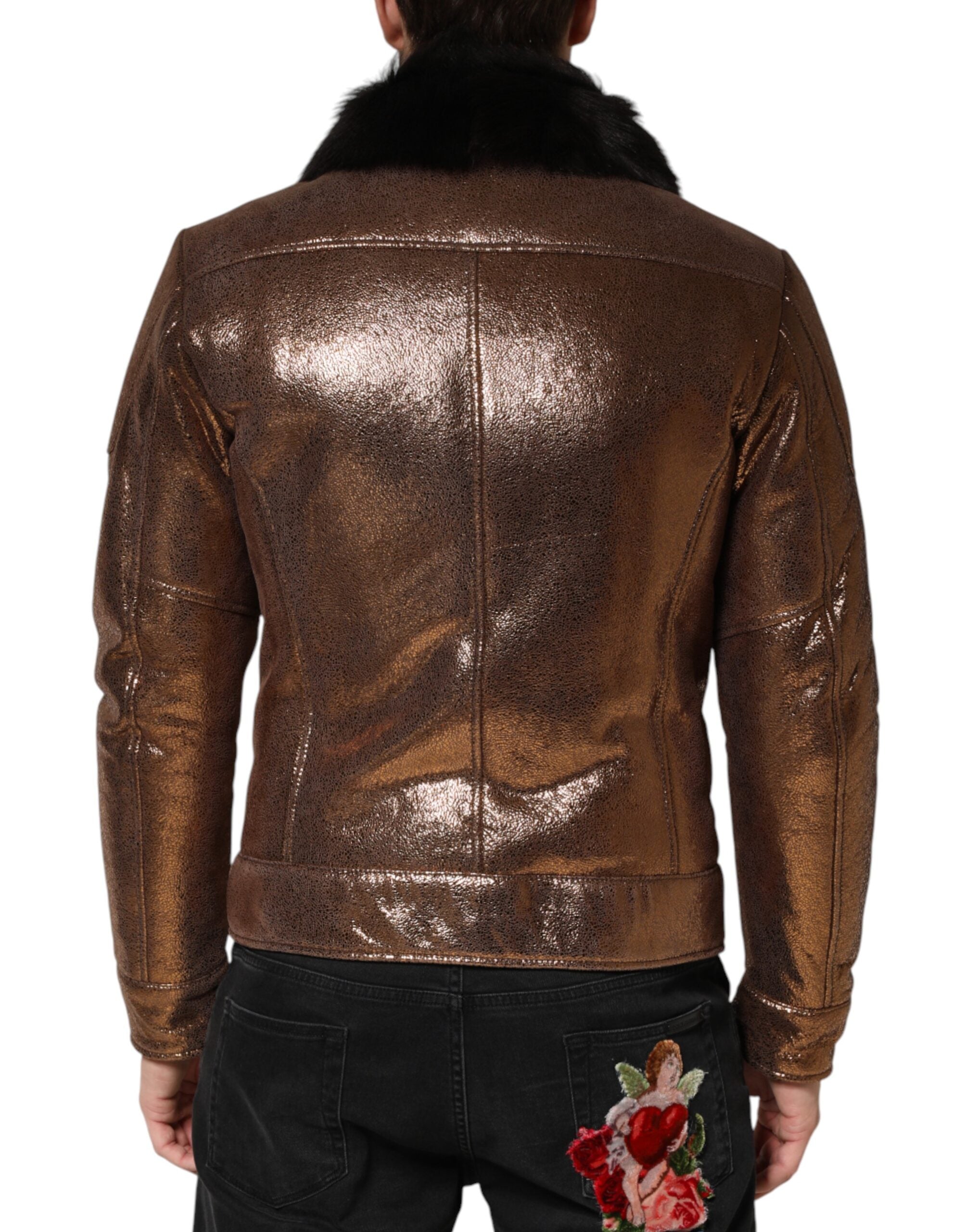 Dolce & Gabbana Bronze Leather Fur Full Zip Men Biker Men's Jacket