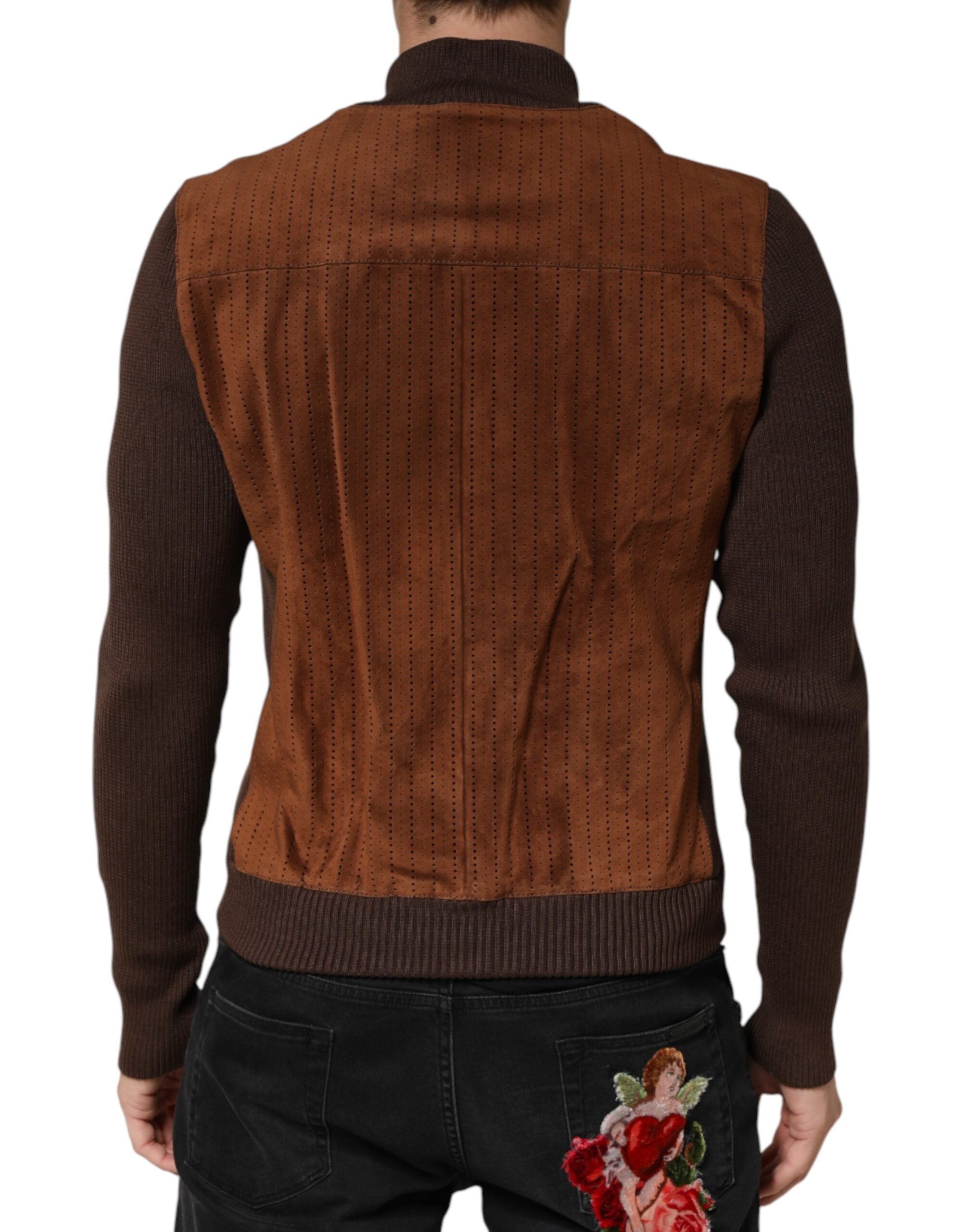 Dolce & Gabbana Brown Velvet Calfskin Full Zip Biker Men's Jacket